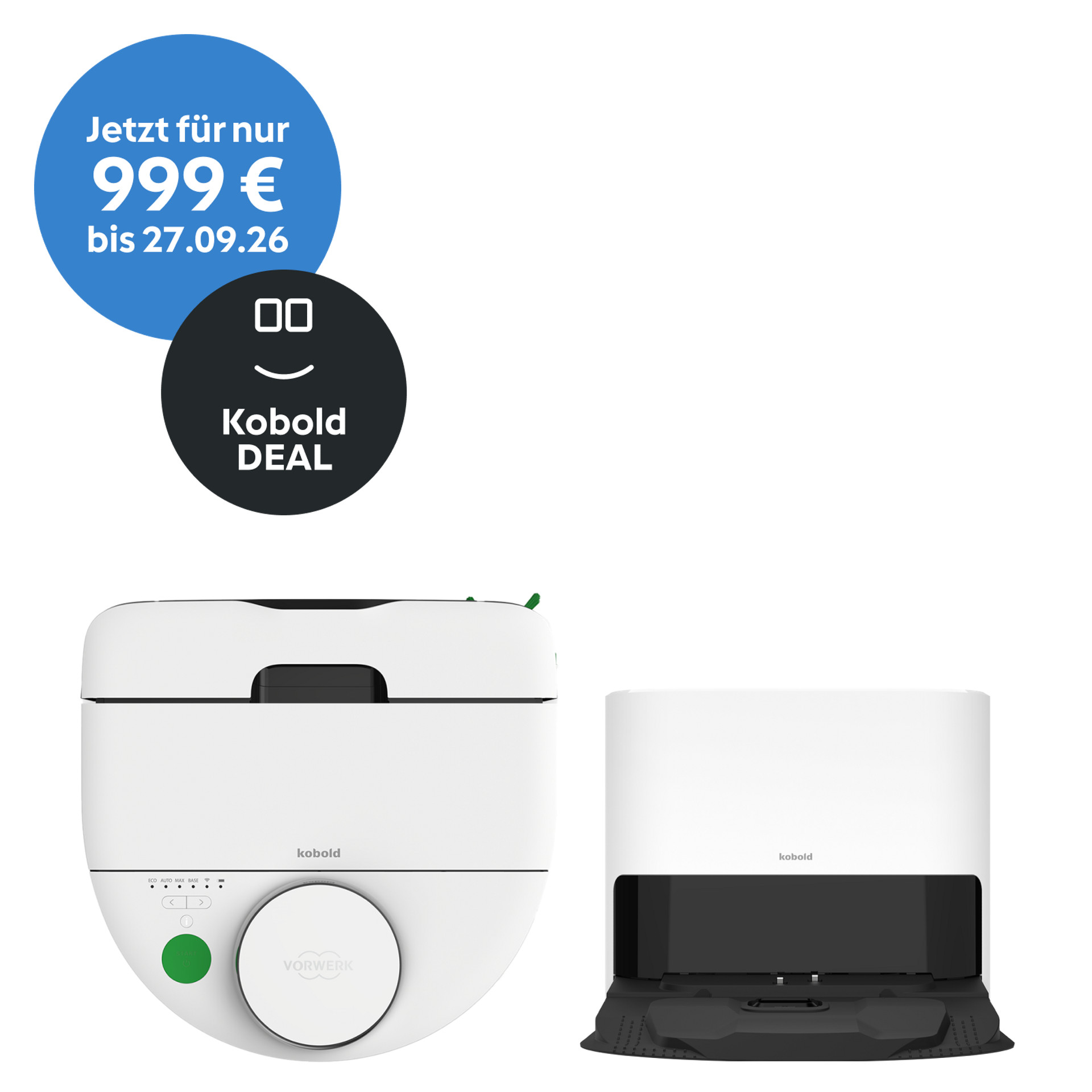 Kobold VR7 Saugroboter mit Ladestation, Sonderangebot für 999 € bis 27.09.26, Kobold DEAL Logo oben.
