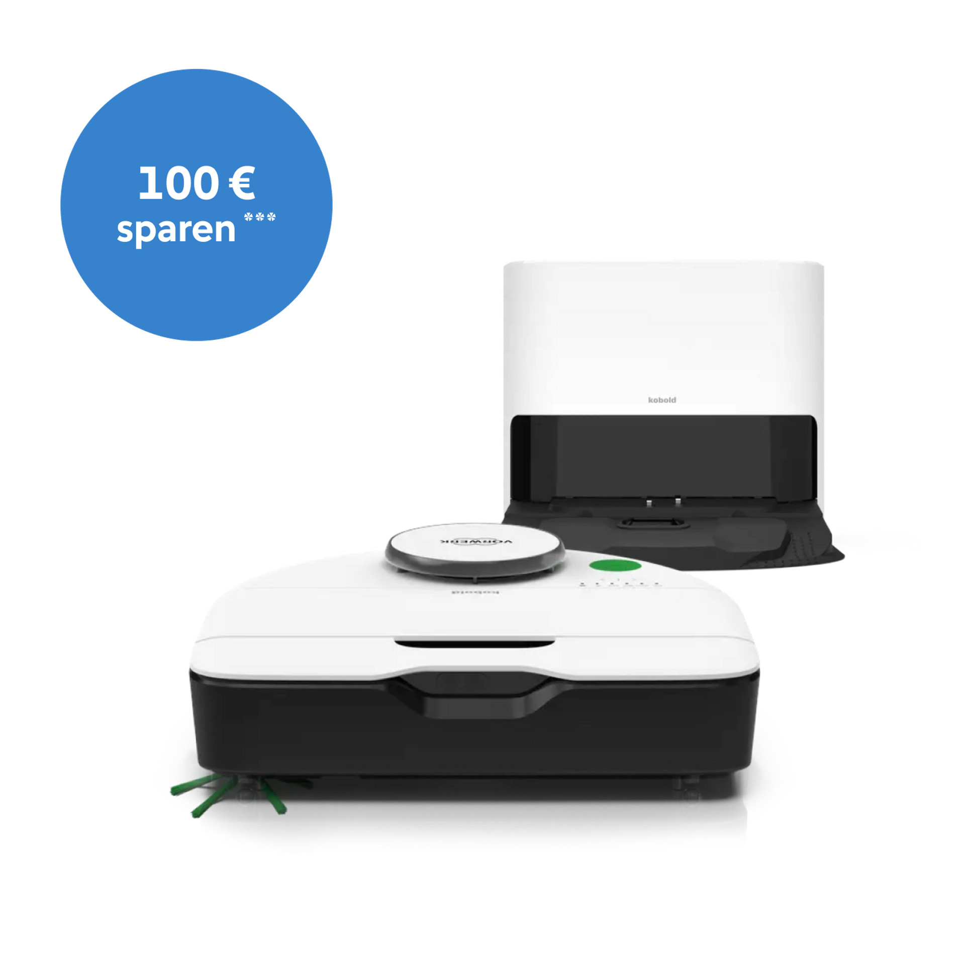 Kobold VR7 Saugroboter mit Basis, Promo-Badge links oben „100 € sparen“; Produkt und Angebot klar gezeigt.