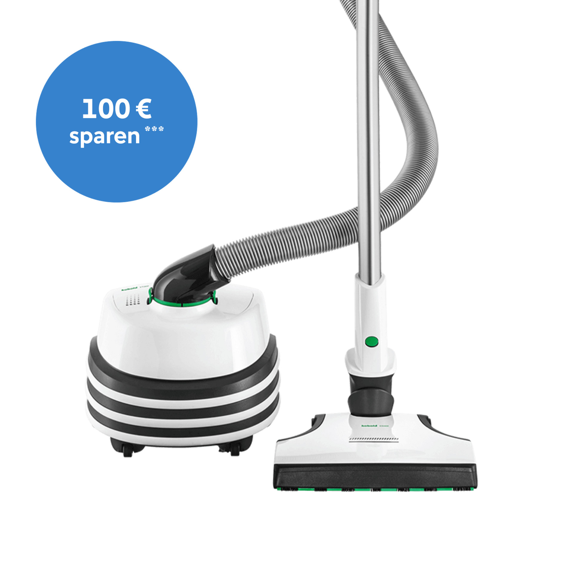 Kobold VT300 Bodenstaubsauger mit Bodendüse und Schlauch, daneben blauer Kreis mit „100 € sparen“.