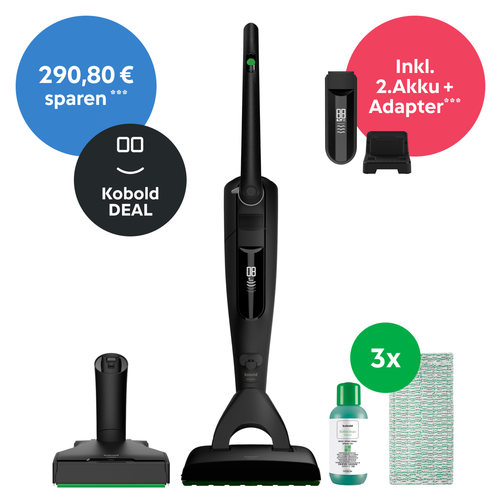 Kobold VK7 Akku-Staubsauger mit SP7 Saugwischer Special Edition Black, zusätzlicher Akku und Adapter, Reinigungslösung und drei Tücher.