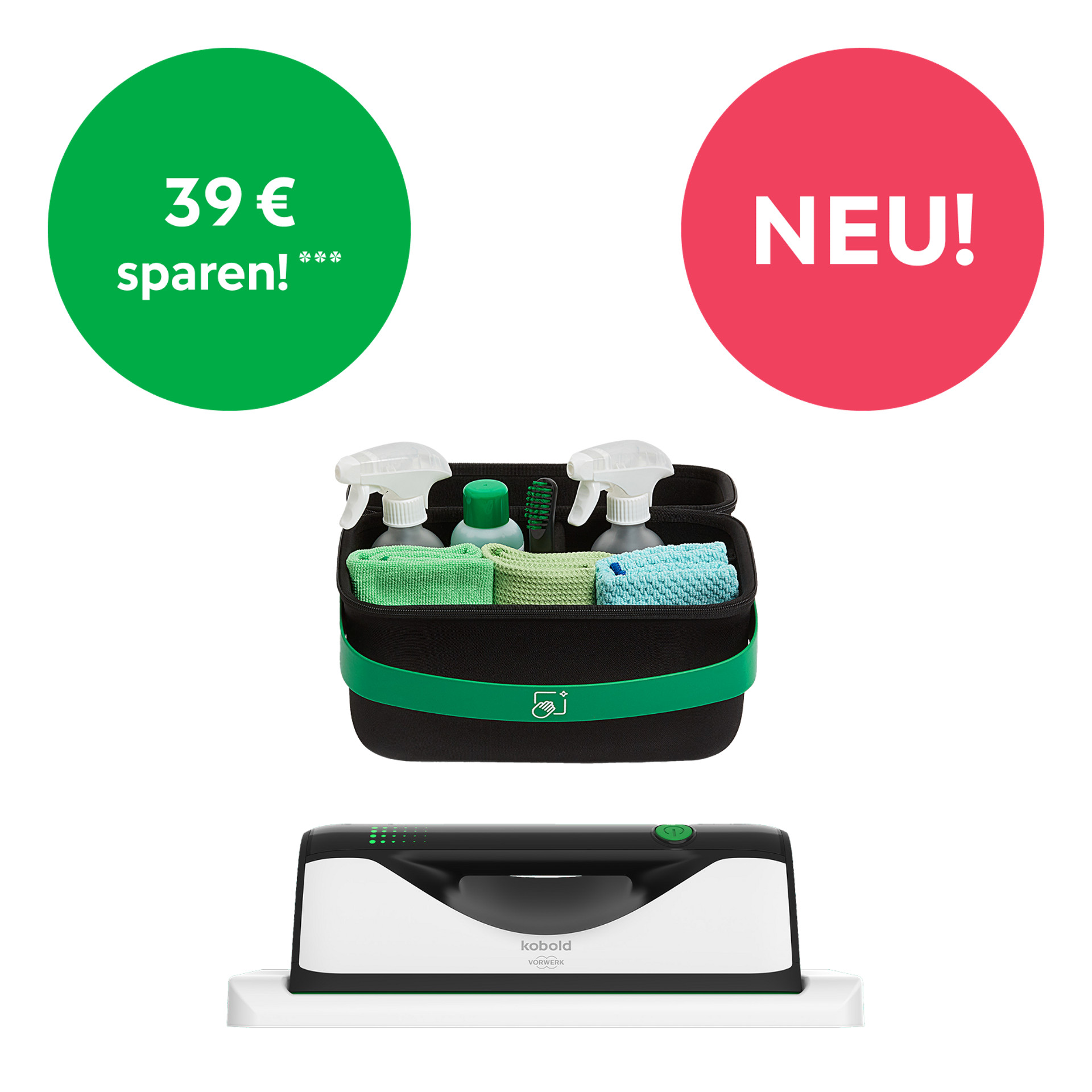 Kobold VG100+ Flächenreiniger mit Reinigungszubehör, daneben Buttons „39 € sparen!“ und „NEU!“.