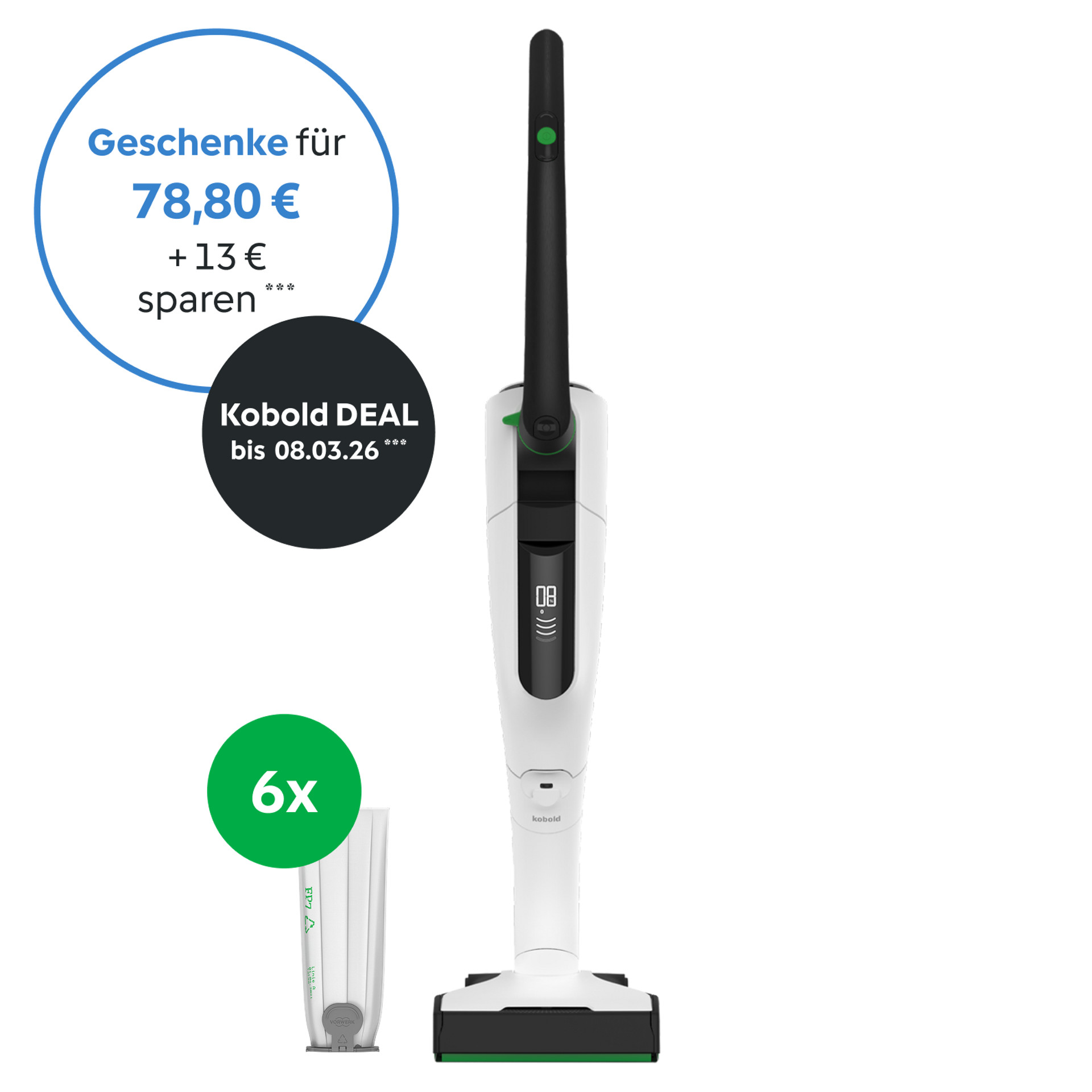 Kobold VK7 Akku-Staubsauger mit Werbetext, runden Preisangaben und Zubehör darunter.