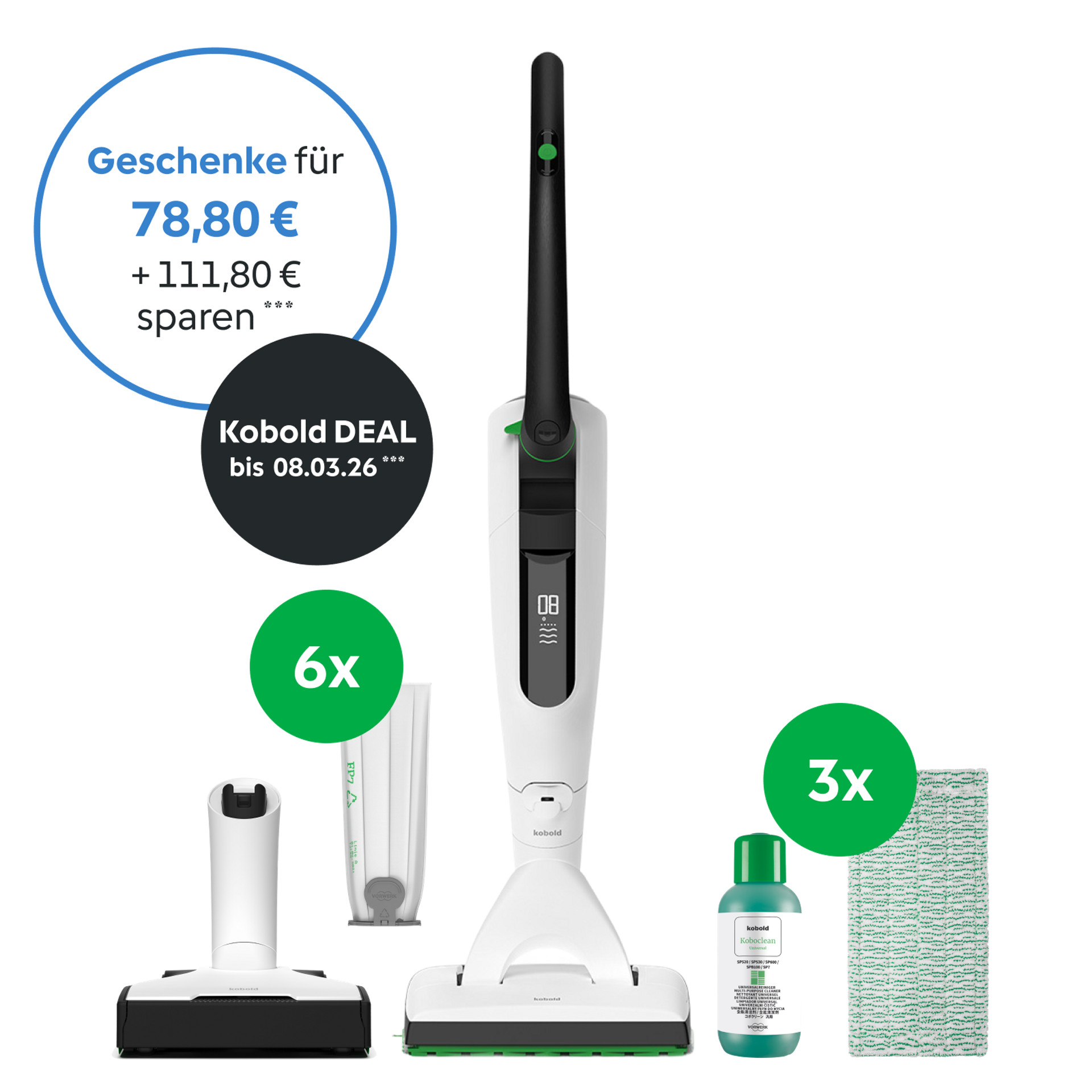 Kobold VK7 Akku-Staubsauger mit SP7 Saugwischer und Zubehör, Sonderangebot mit Reinigungspads, Reinigungsmittel und EB7 Elektrobürste, Aktionshinweis.