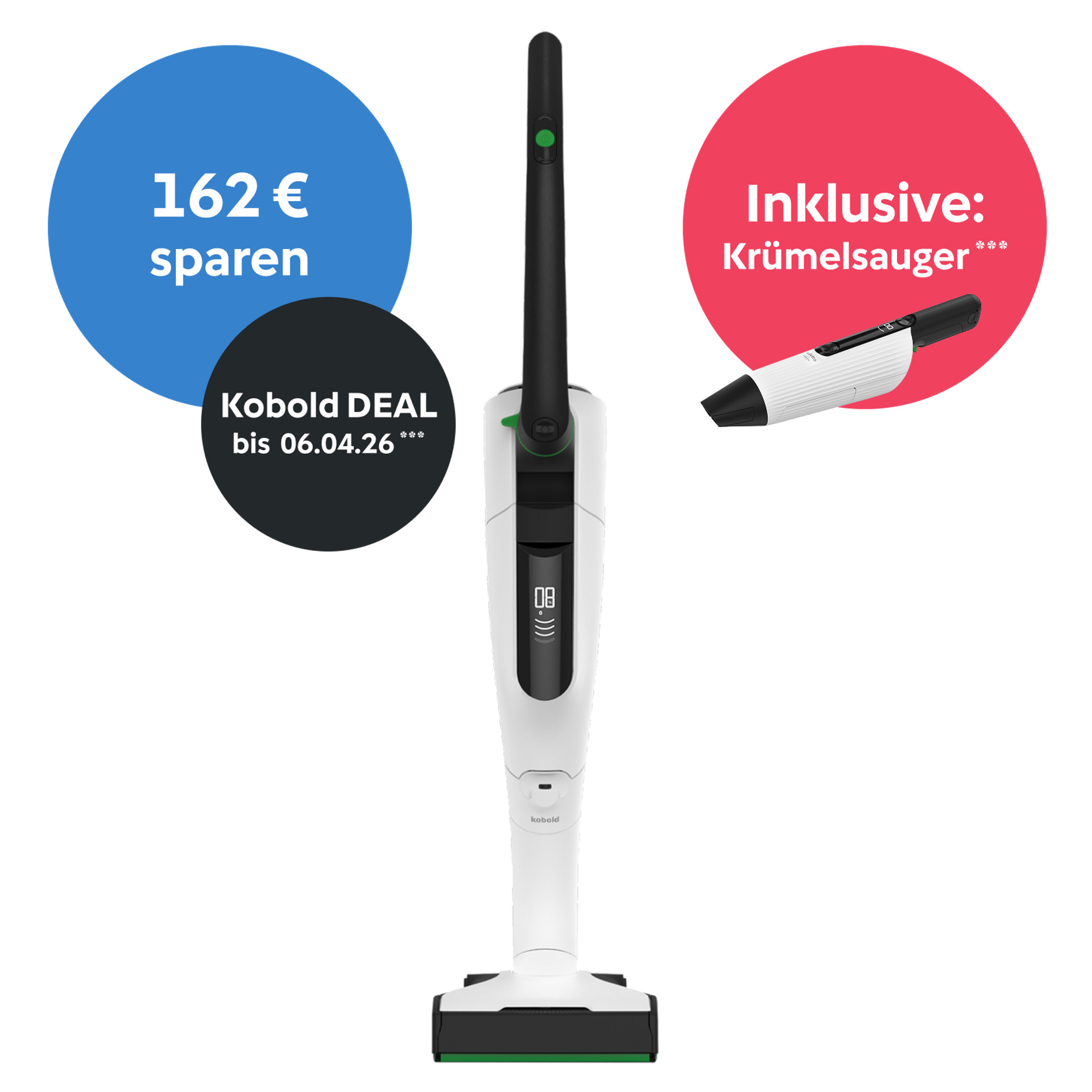 Kobold VK7 Akku-Staubsauger mit EB7 Elektrobürste, Kreise zeigen 162 € Ersparnis, Aktionszeitraum und gratis Krümelsauger.