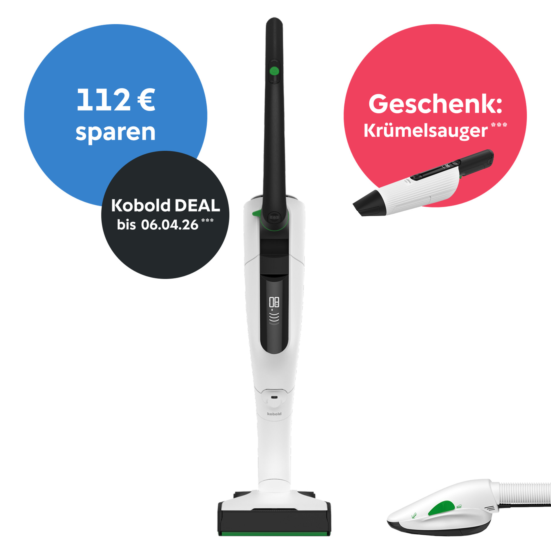 Kobold VK7, PB7 und VC100 mit deutschen Aktionshinweisen zu Sparangebot und Gratis-Krümelsauger angezeigt.