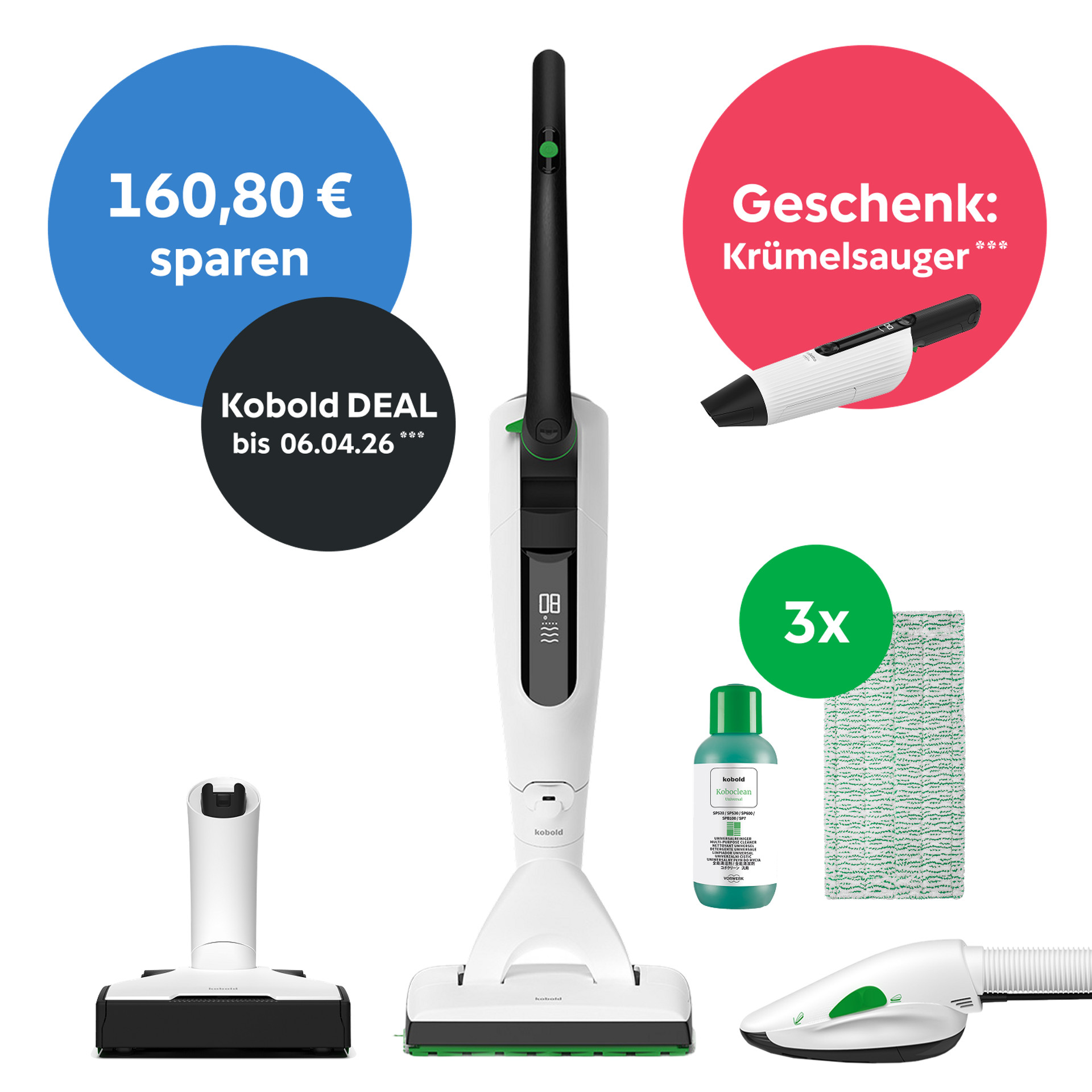 Kobold VK7 Akku-Staubsauger mit SP7 Saugwischer, PB7, Reinigungstücher, Lösung, VC100 und Aktionshinweise.