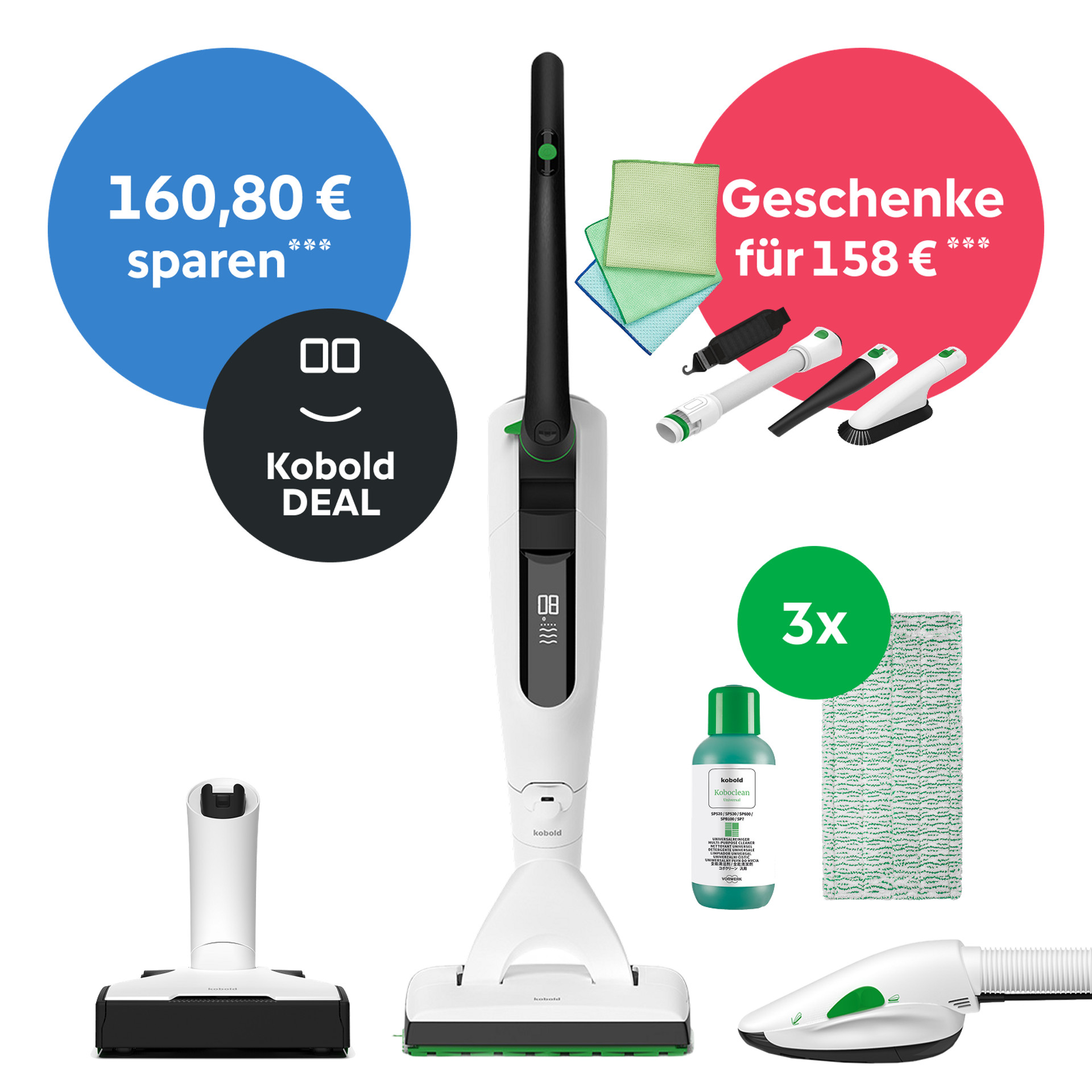 Kobold VK7 Akku-Staubsauger mit SP7 Saugwischer, PB7 Elektro-Polsterbürste, Zubehör und Angebots-Badges.