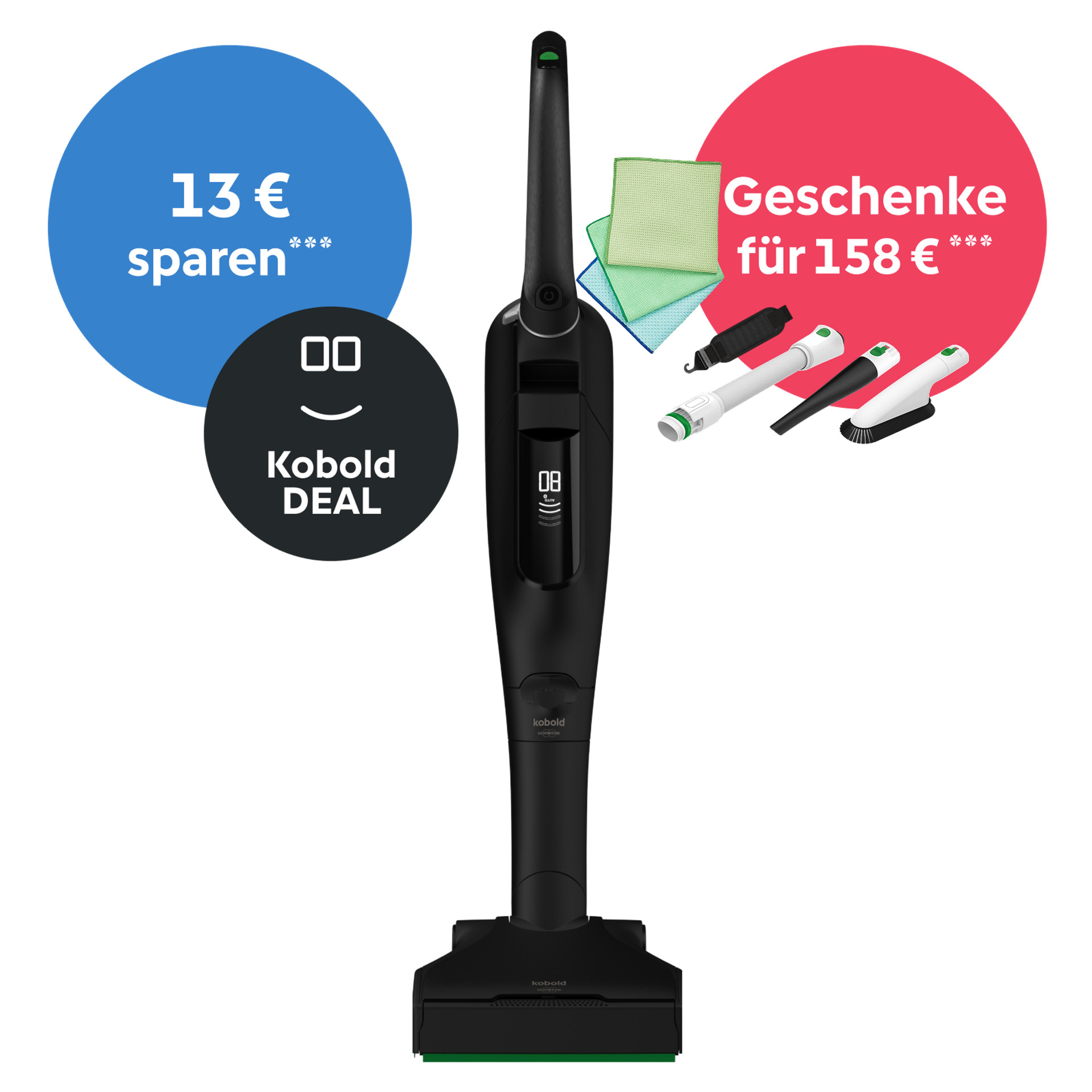 Kobold VK7 Akku-Staubsauger mit EB7 Elektrobürste Special Edition Black, Angebotsicons und Gratiszubehör im Wert von 158 €.