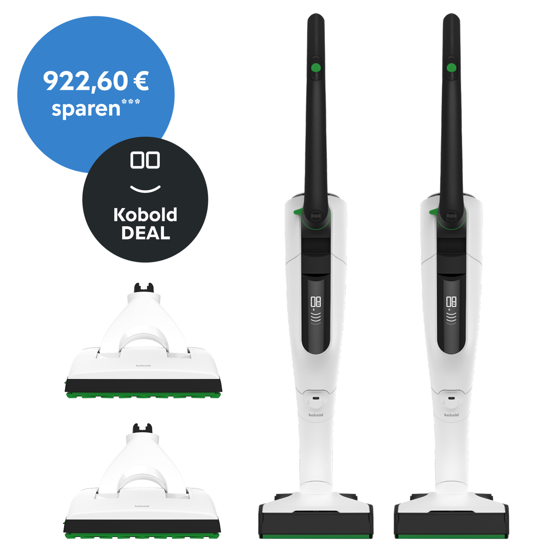 Zwei Kobold VK7 Akku-Staubsauger mit SP7 Saugwischer und Angebotsbadge "Kobold DEAL", Ersparnis hervorgehoben.