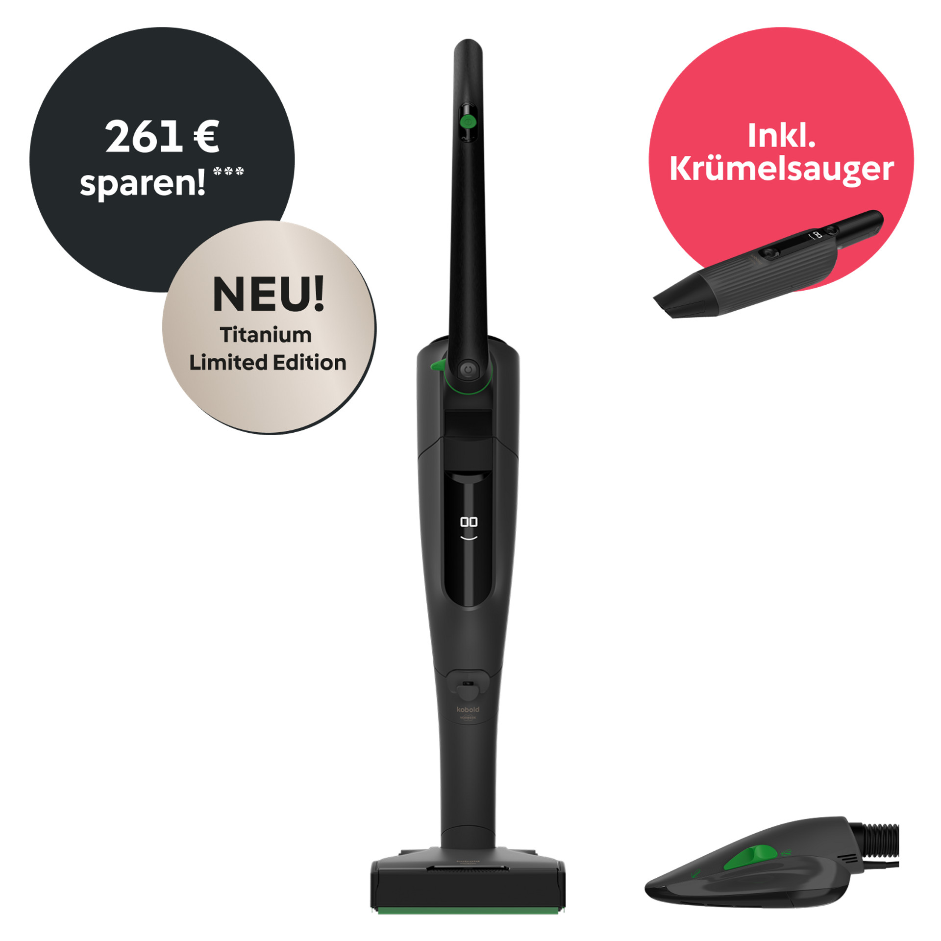 Kobold VK7 Akku-Staubsauger & Polsterbürste inkl. Krümelsauger – Titanium