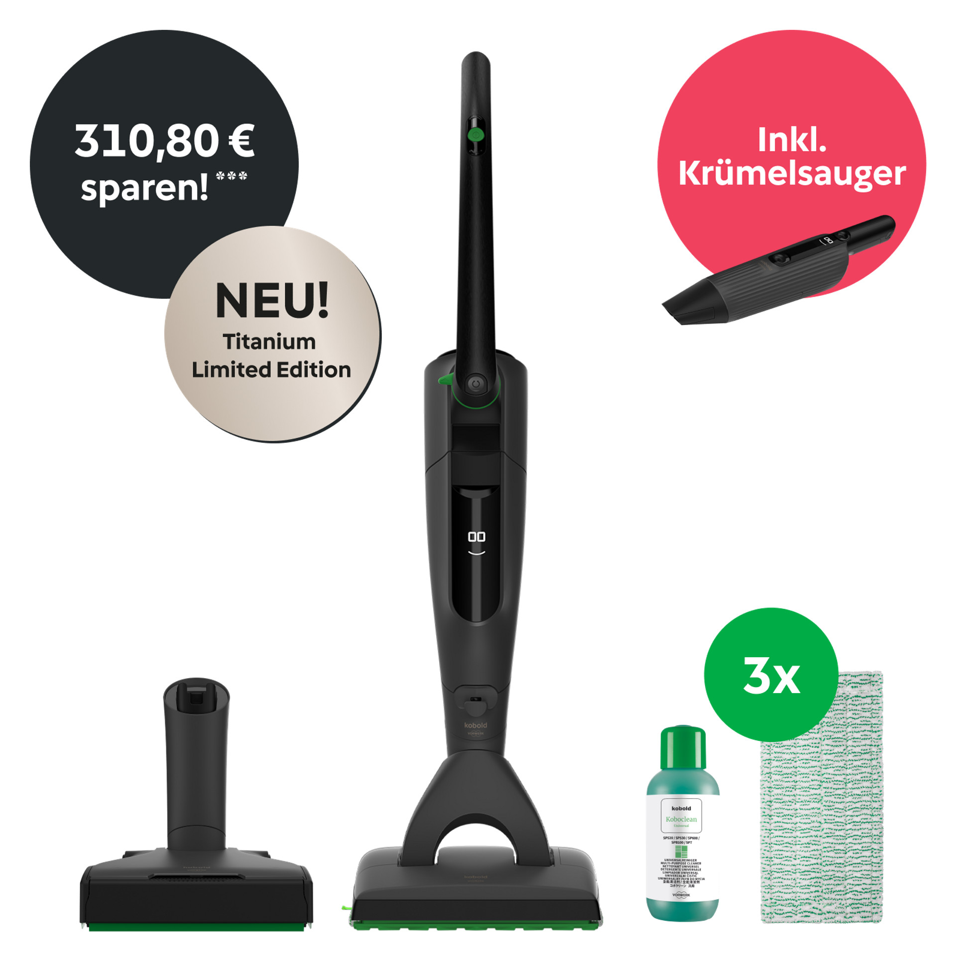 Kobold VK7 Akku-Staubsauger & Saugwischer inkl. Krümelsauger – Titanium