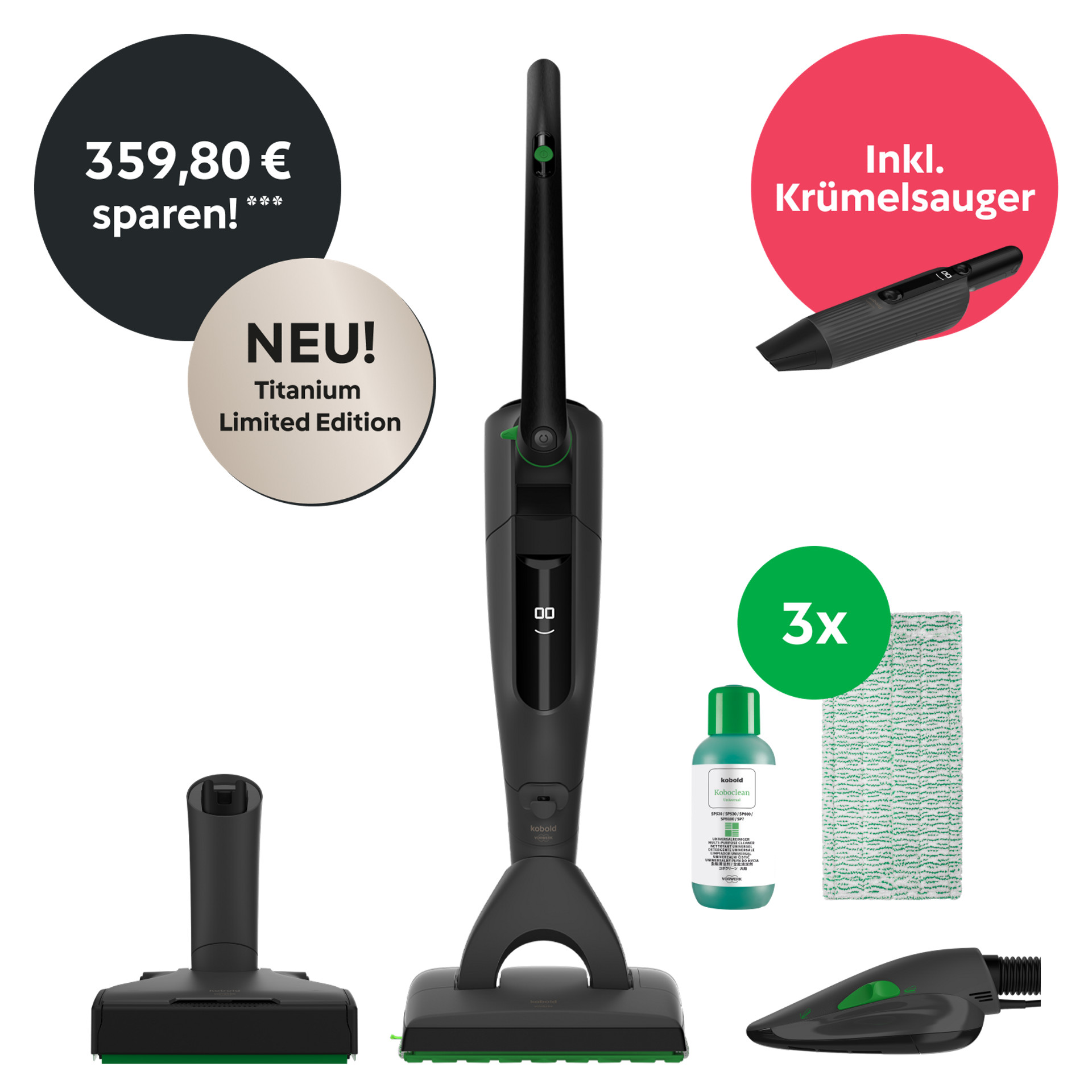 Kobold VK7 Akku-Staubsauger & Saugwischer & Polsterbürste inkl. Krümelsauger – Titanium