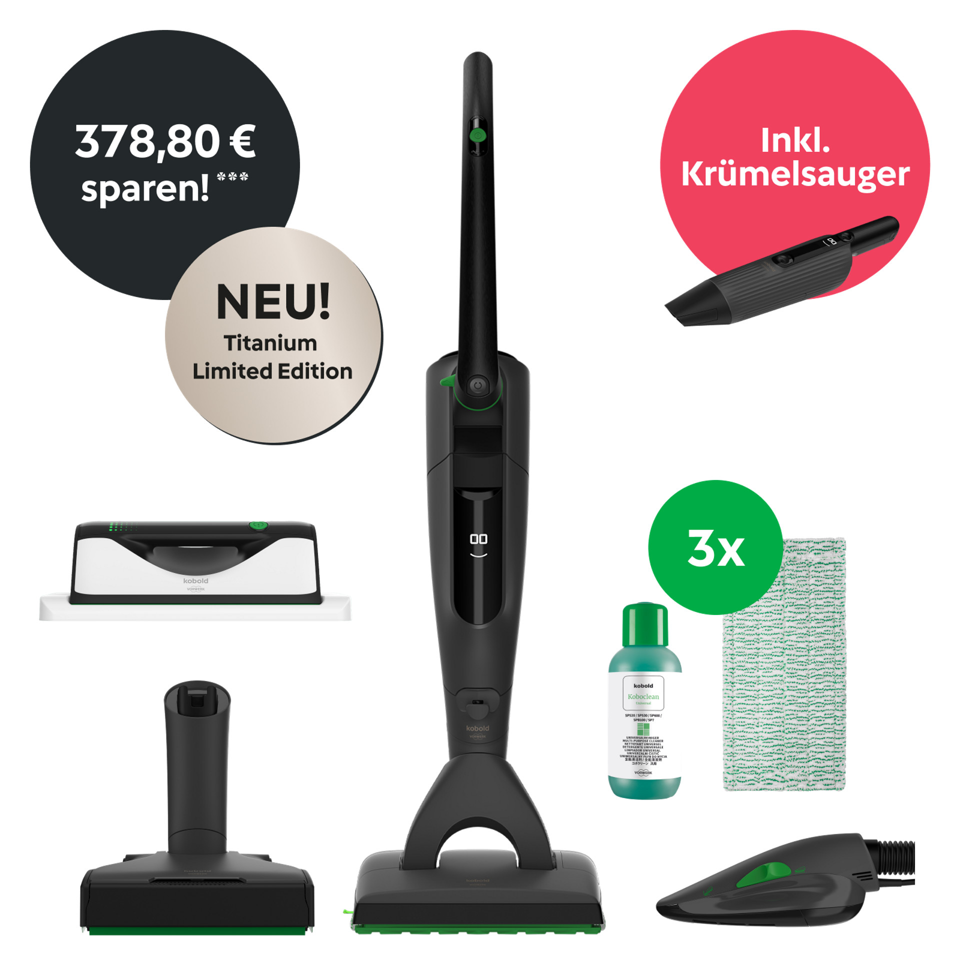 Kobold VK7 Akku-Staubsauger & Saugwischer & Polsterbürste & Flächenreiniger inkl. Krümelsauger – Titanium