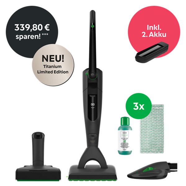 Kobold VK7 Akku-Staubsauger & Saugwischer & Polsterbürste inkl. 2. Akku – Titanium