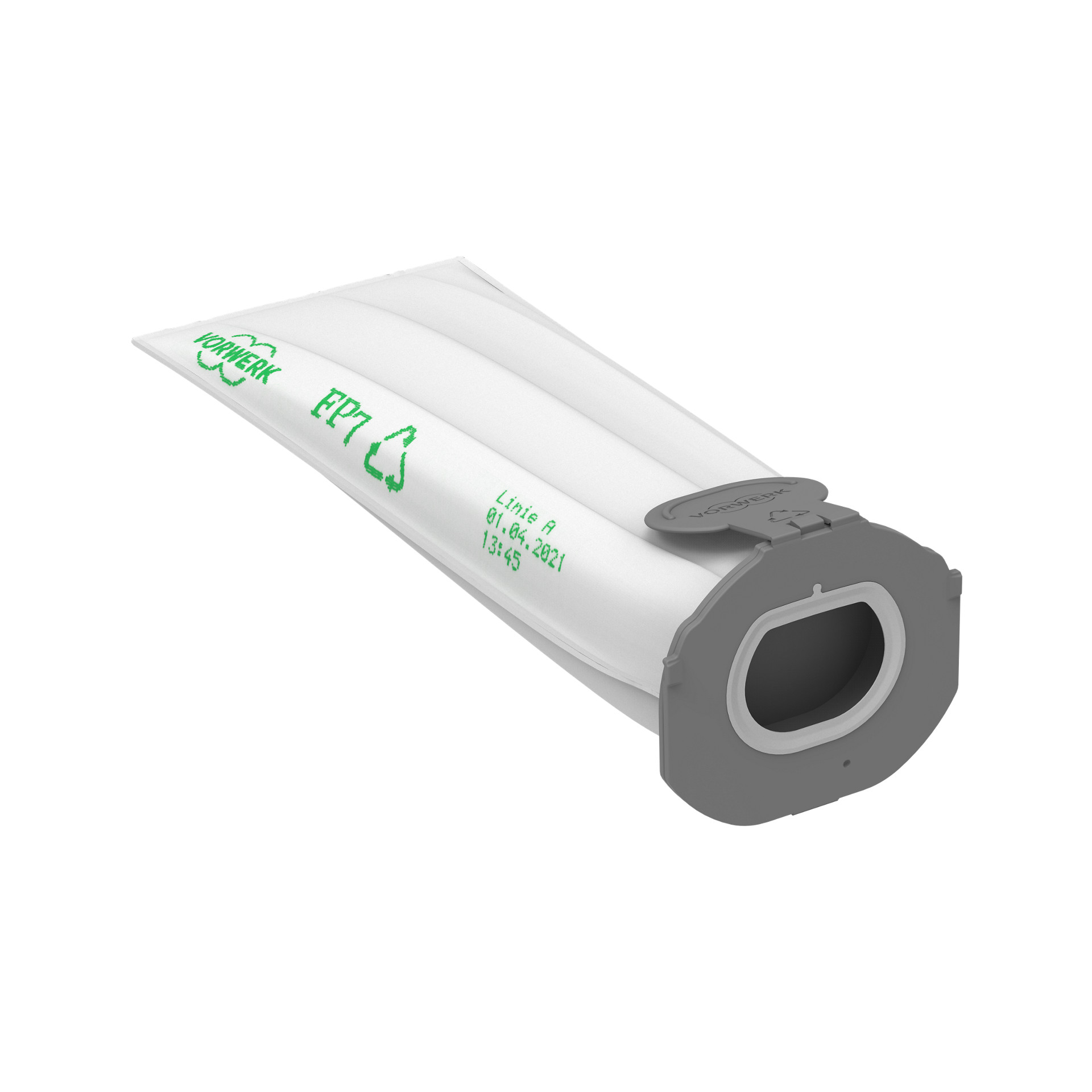 Saco para aspirador Vorwerk FP7 em ângulo, mostrando a abertura e área de ligação.