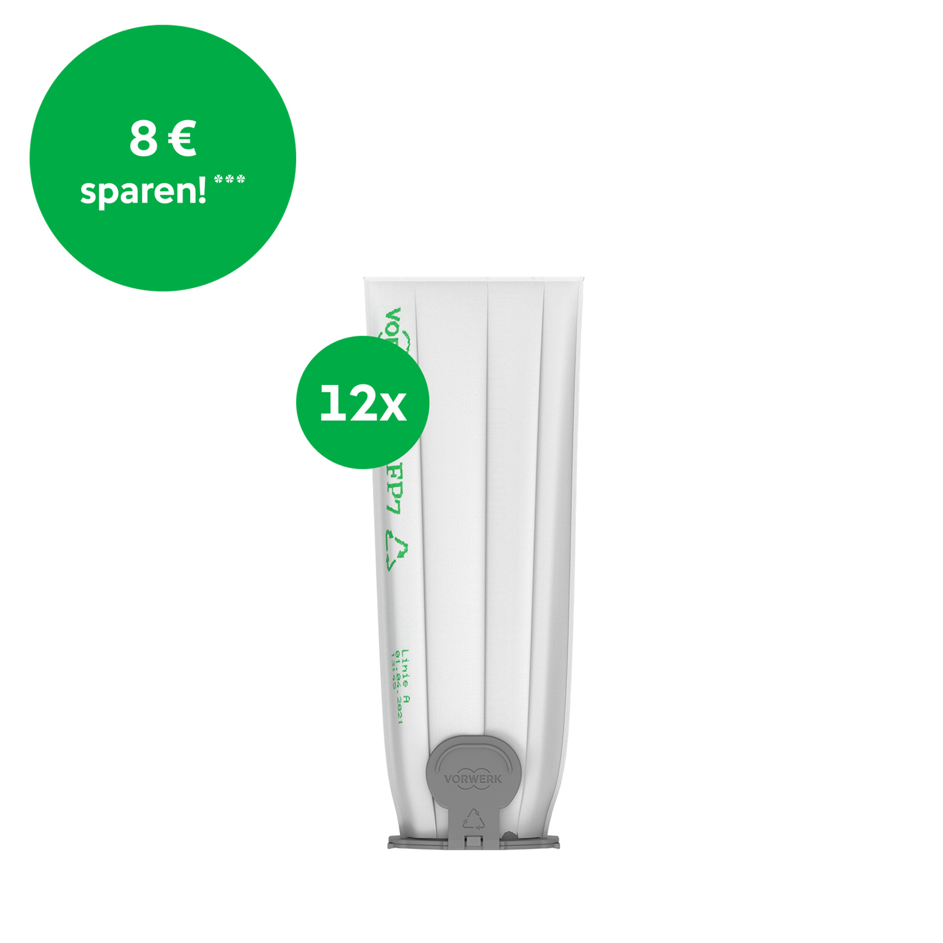12er-Pack weiße Kobold Staubsaugerfiltertüten mit grünem Aufdruck, grüner Kreis mit „8 € sparen!“.