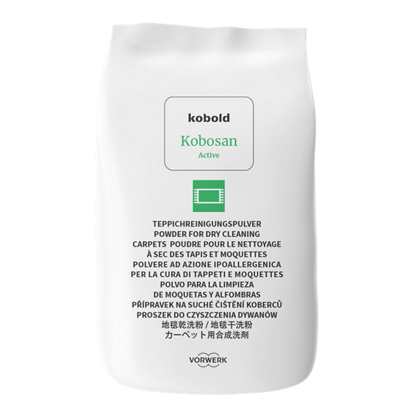 Beutel Kobold Kobosan Active Teppichreinigungspulver mit Produktname und mehrsprachiger Beschreibung