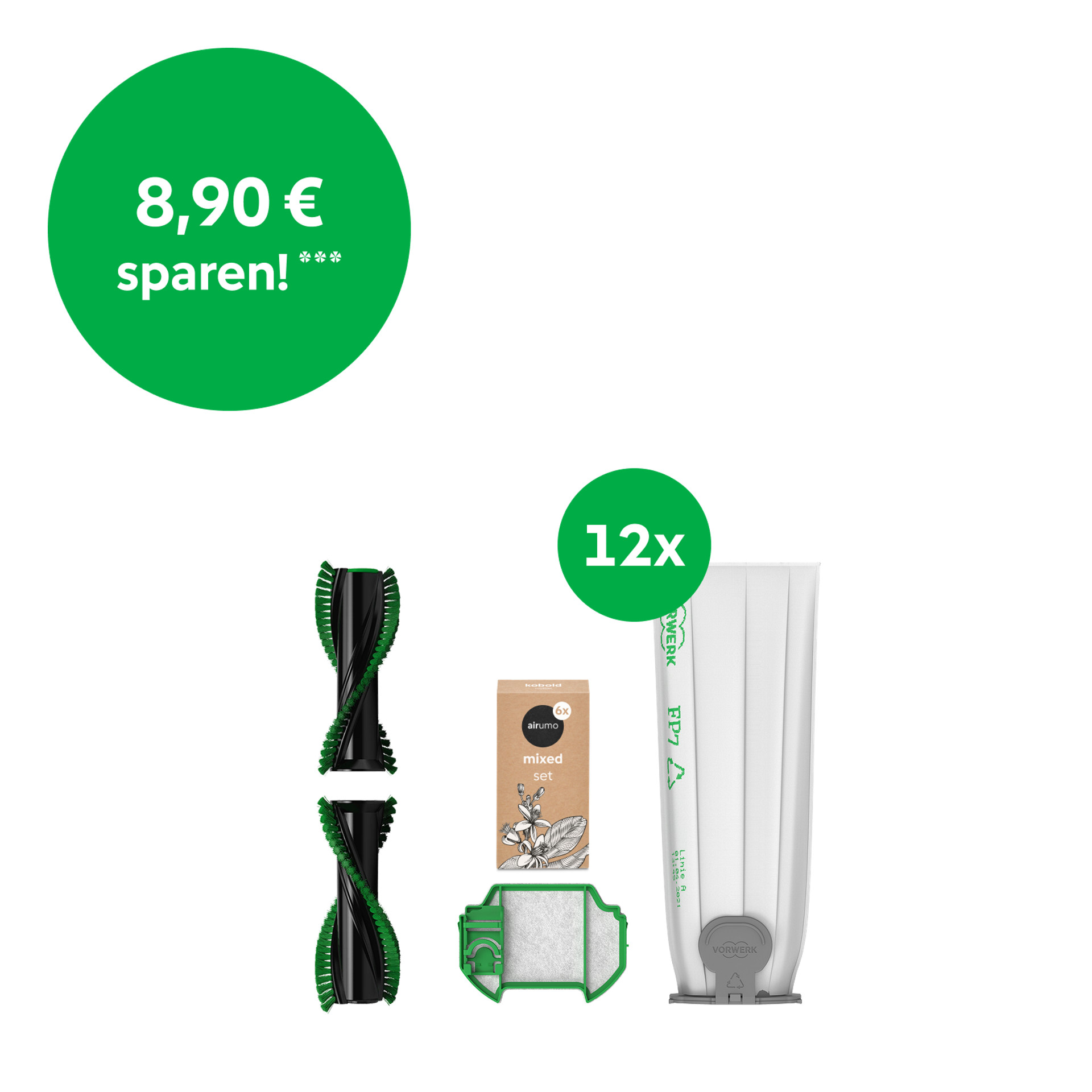 Kobold VR7 Zubehörset mit zwei Bürsten, zwölf Filtertüten, Filter und Duftset, Rabatt-Badge sichtbar.