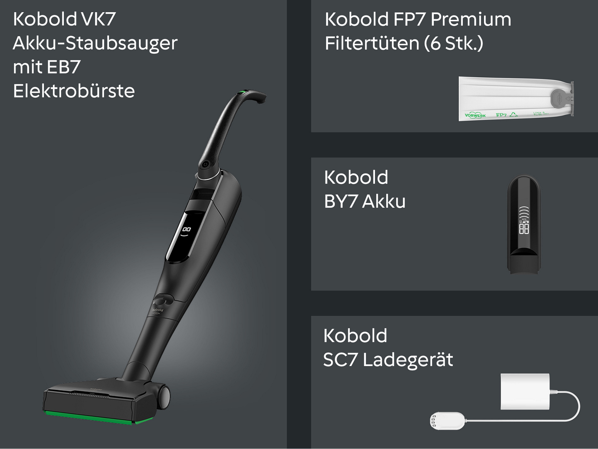 Kobold VK7 Akku-Staubsauger mit EB7 Elektrobürste, FP7 Premium Filtertüten, BY7 Akku und SC7 Ladegerät auf dunklem Hintergrund.