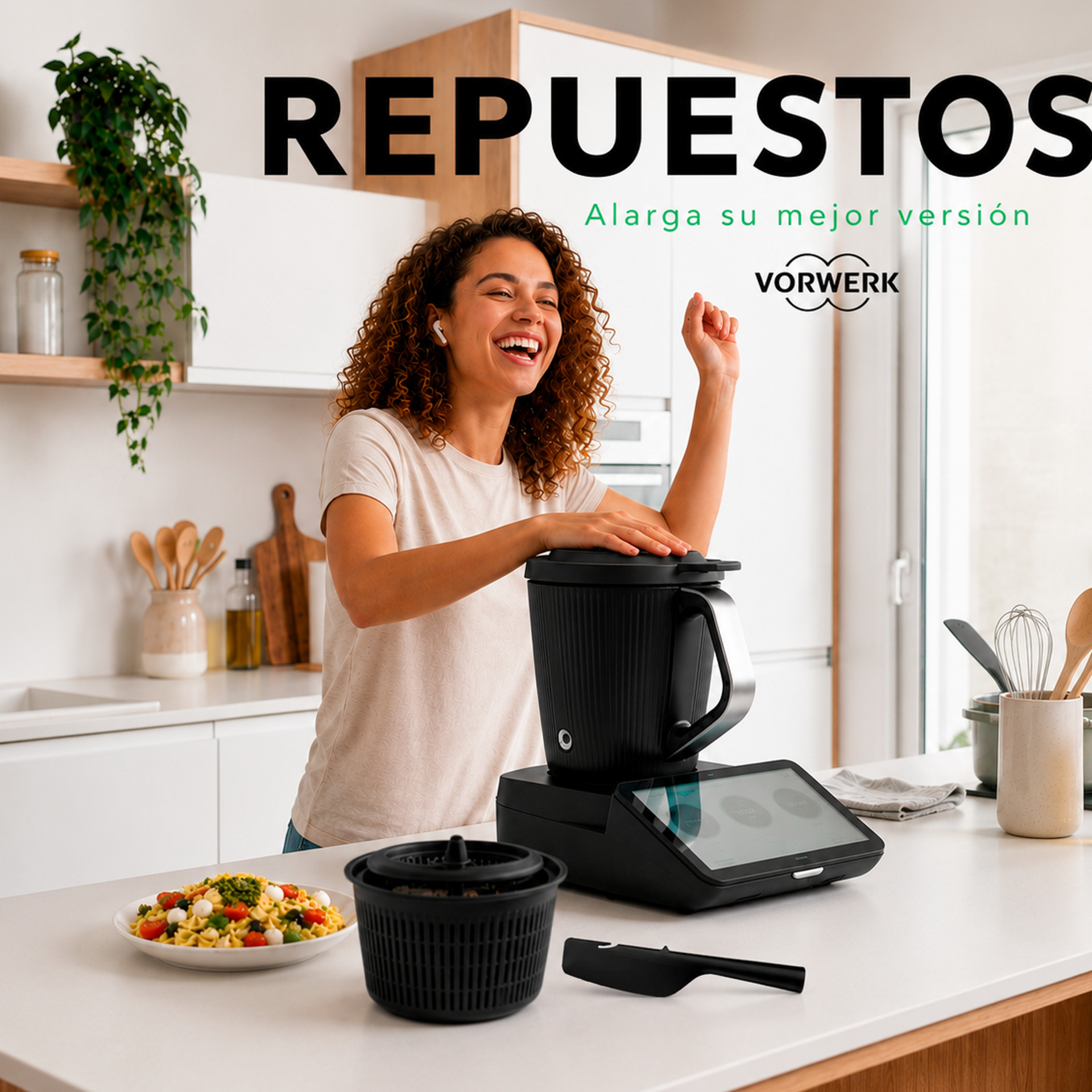 Mujer sonriente en la cocina con Thermomix® TM7, ensalada, bol negro y espátula sobre la encimera.