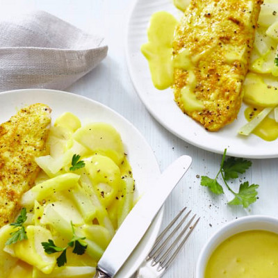 Orangen-Pute mit Kartoffeln und Kohlrabi