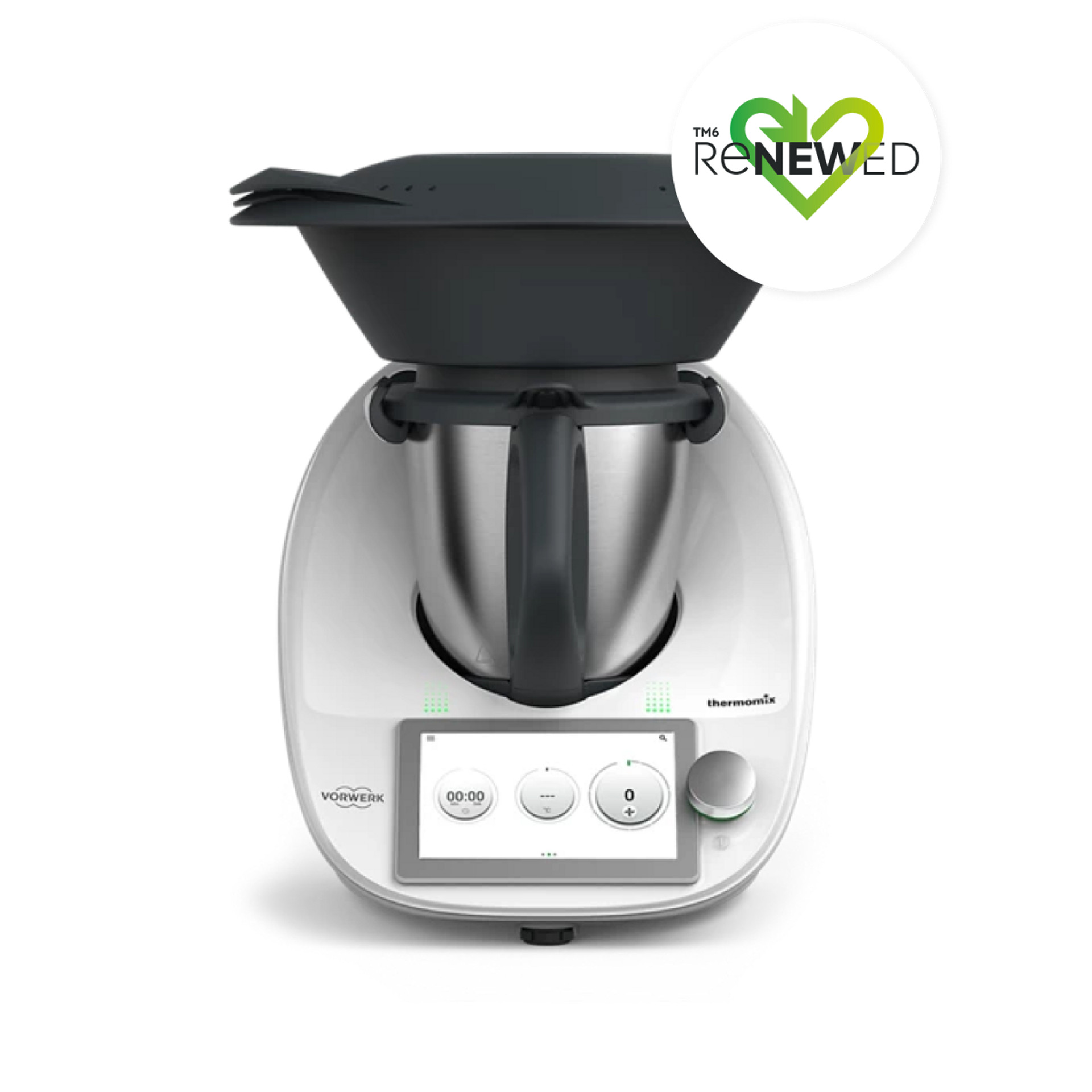 Thermomix® TM6 mit Varoma und „TM6 Renewed“-Abzeichen oben rechts.