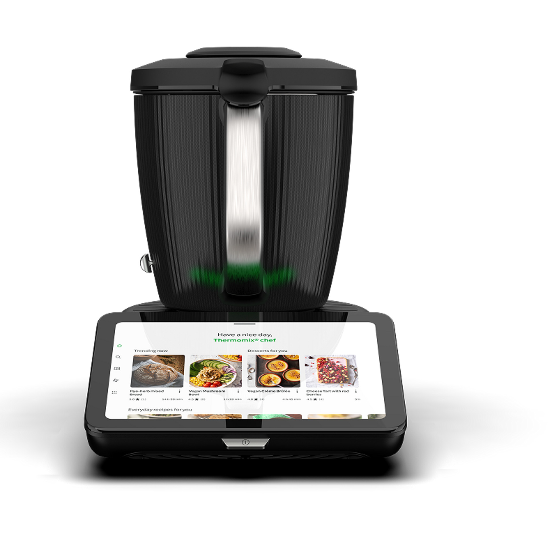 Thermomix® TM7 with mixing bowl and digital display, shown from the front.