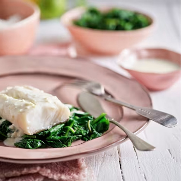 Merluzzo al vapore con riso e spinaci