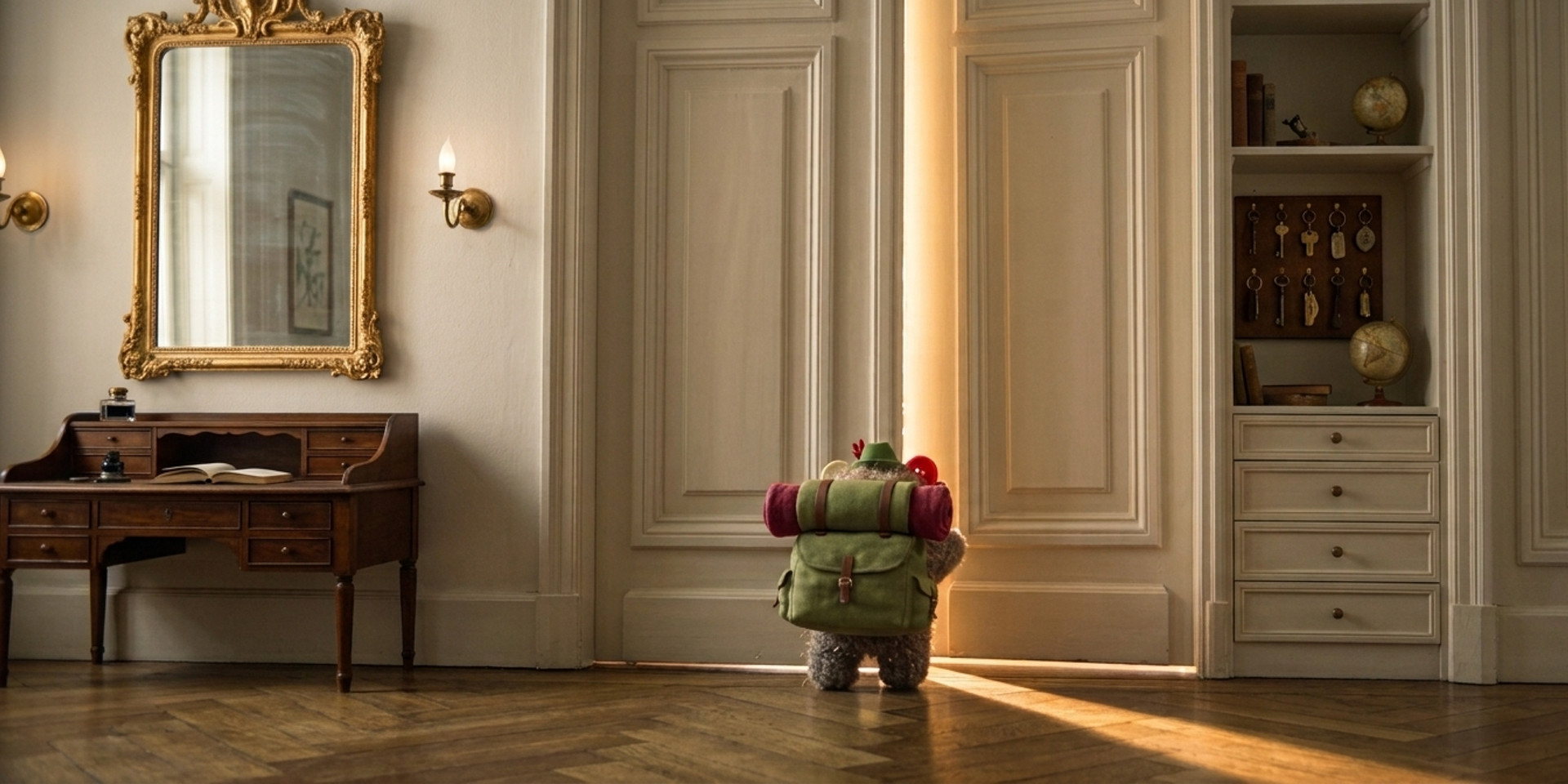 Kleine Figur mit grünem Rucksack steht vor hohen Doppeltüren in einem eleganten Raum mit Schreibtisch und Regal.