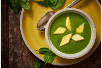 Spinach potato soup with savoury egg custard ID80476 landscape lpr