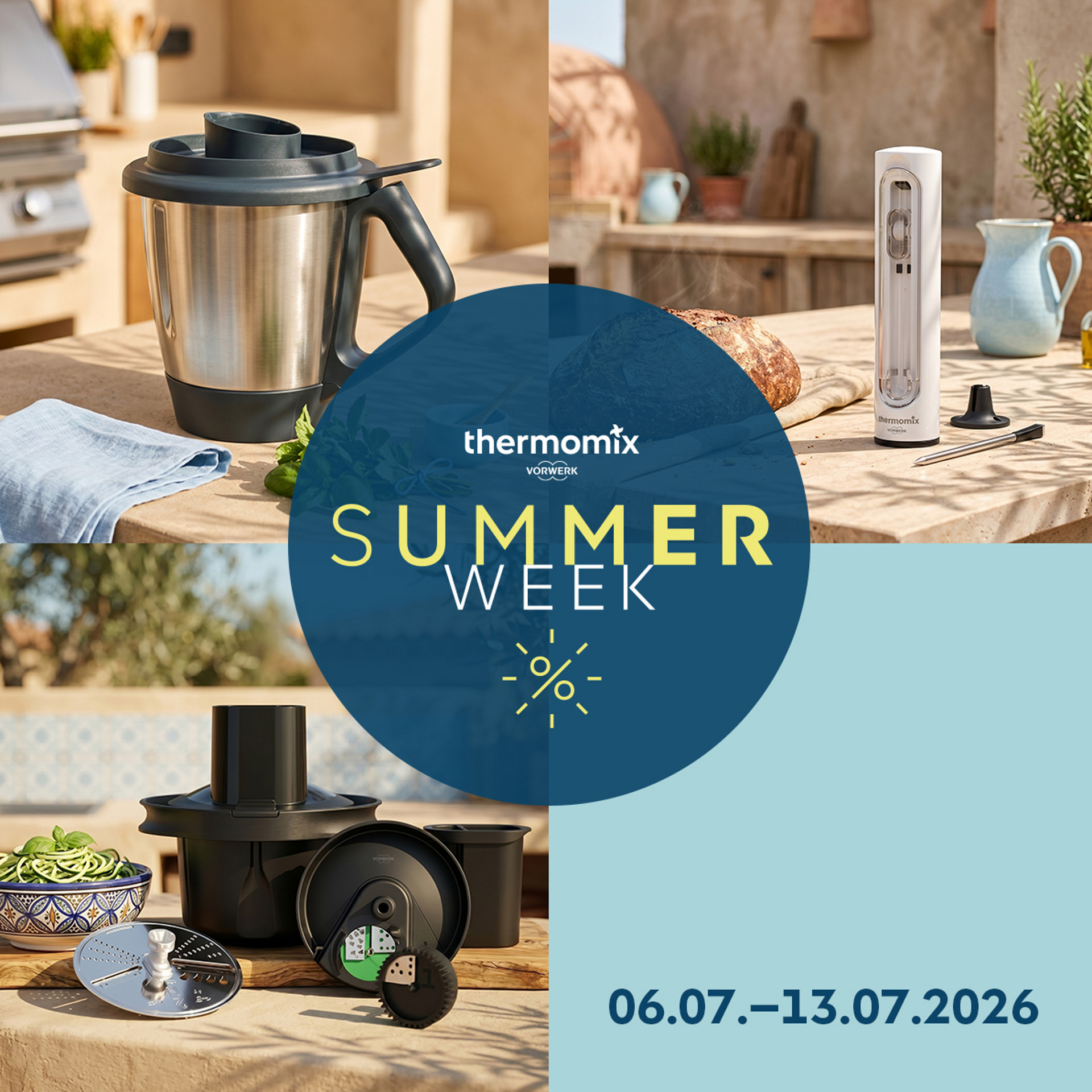 Thermomix® TM6 Zubehör, Thermomix® Sensor und Thermomix® Gemüse Styler im Außenbereich zur Summer Week Aktion 2026.