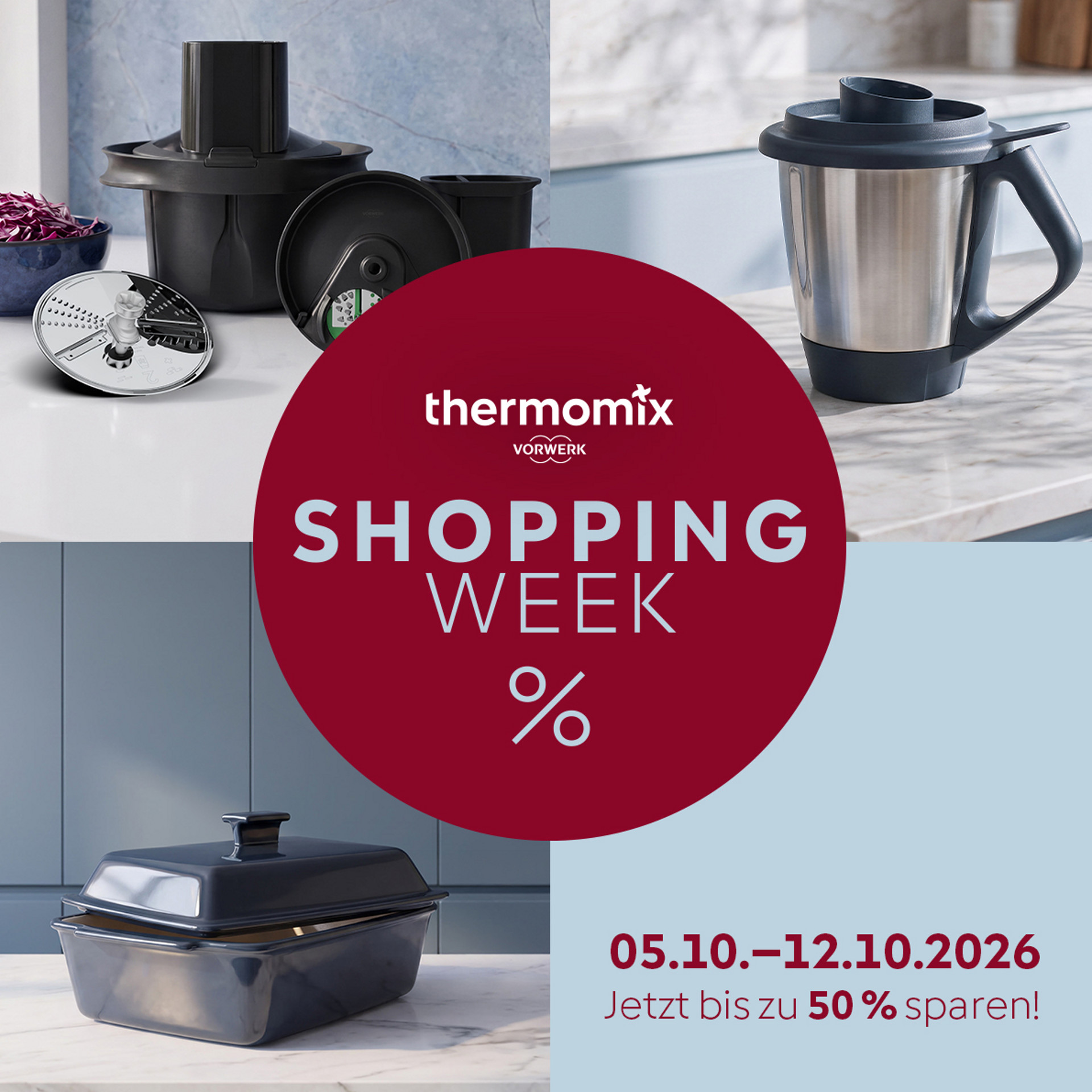Thermomix® Zubehör und Mixtopf auf Küchenarbeitsplatte mit "Shopping Week"-Badge, bis zu 50 % sparen vom 05.10.–12.10.2026
