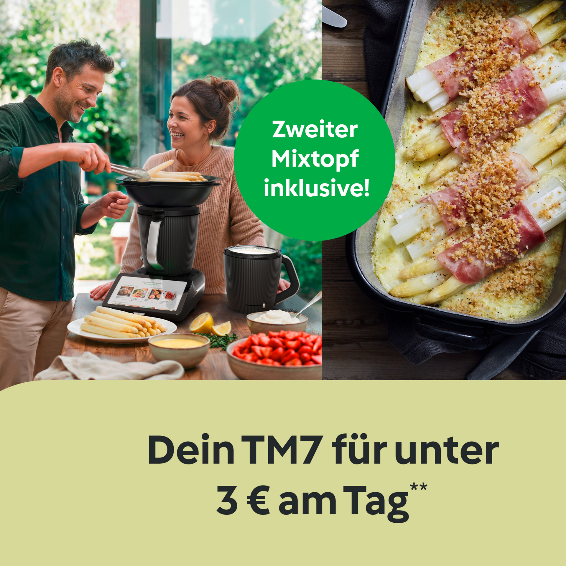 Links bereiten zwei Personen mit dem Gerät Essen zu, rechts ist ein Spargelauflauf abgebildet. Text im Bild: „Zweiter Mixtopf
