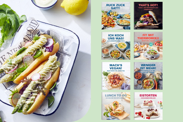 Teller mit verschiedenem Gemüse und Saucen. Daneben Rezepte