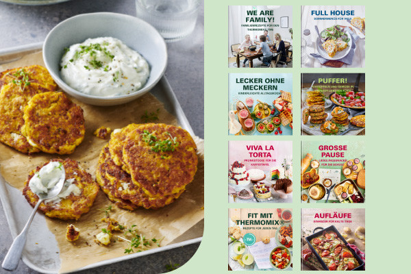 Reibekuchen mit einer Schale Dip auf Teller, daneben Rezepte