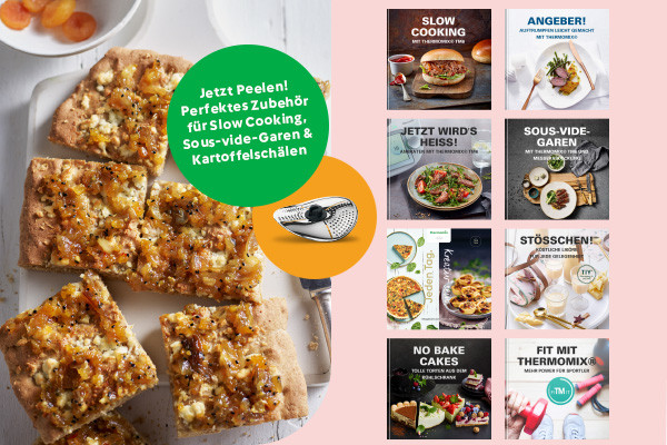 Stücke von Nusskuchen auf Teller mit Peeler, daneben Rezepte