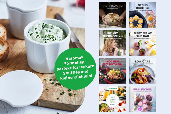 Varoma- Förmchen mit Quark und Kräutern, daneben Rezepte