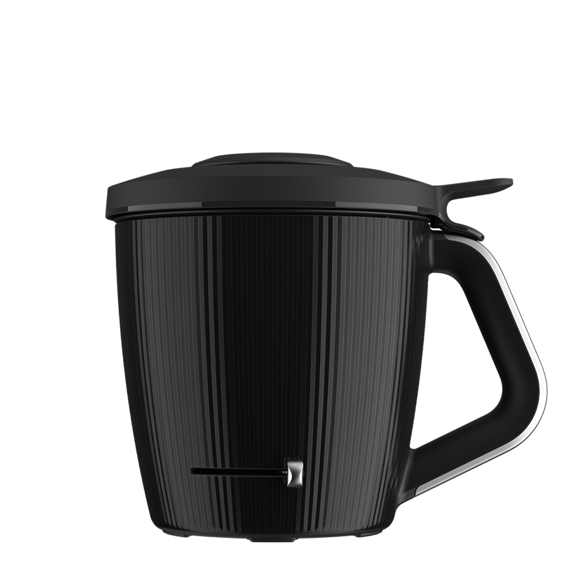 Black mixing bowl for Thermomix® TM7 with handle and lid, displayed against a plain background.