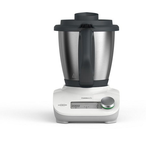 Thermomix Friend with mixing bowl and lid on a white surface front view