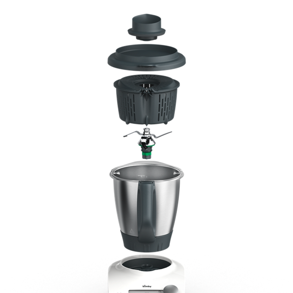 Thermomix Friend with accessories shown in an exploded view including mixing bowl blade basket lid and measuring cup