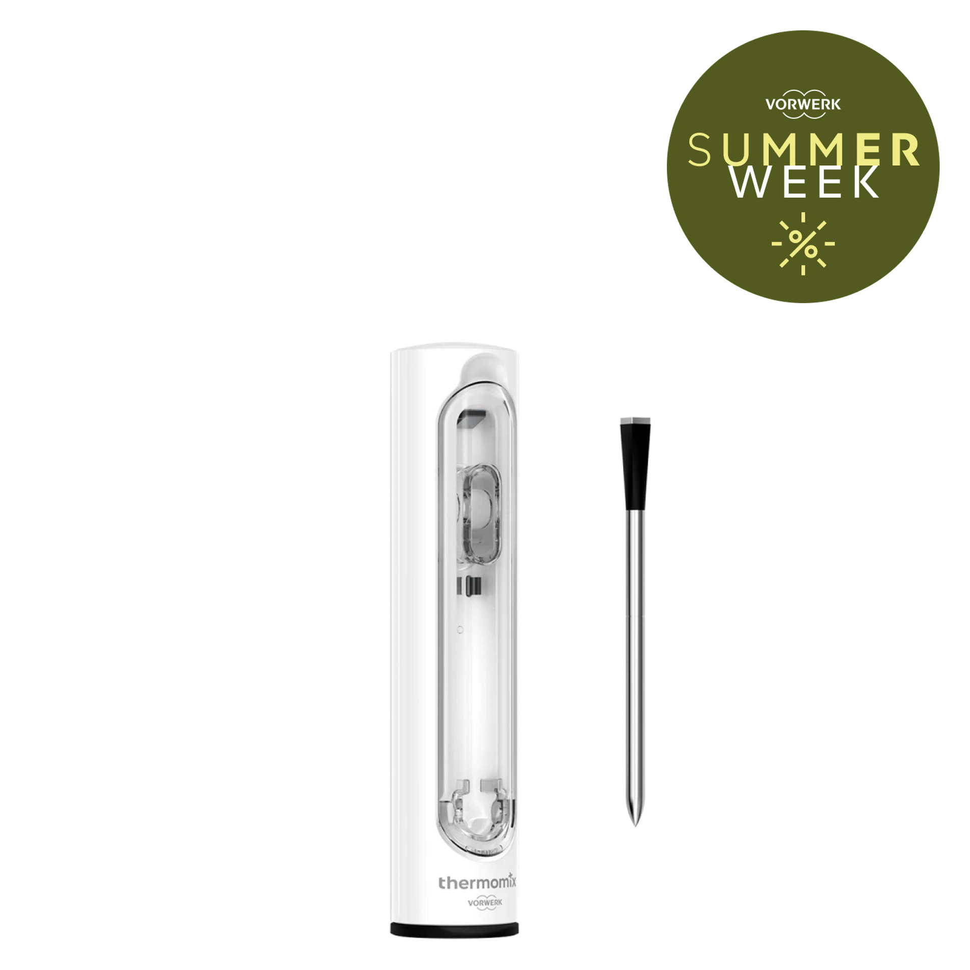 Thermomix® Sensor mit Fühler, aufrecht stehend, daneben ein rundes Vorwerk Summer Week Aktionslogo.