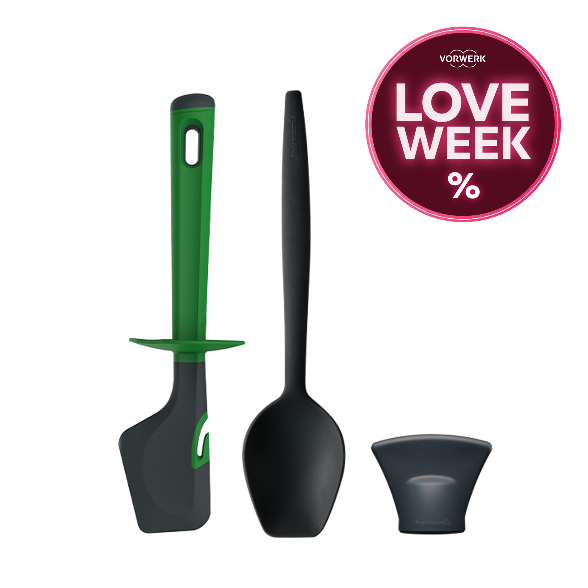 Thermomix® Küchenzubehör-Set mit Spatel, Löffel und Mixtopfdeckel, Love Week Aktionsbadge.