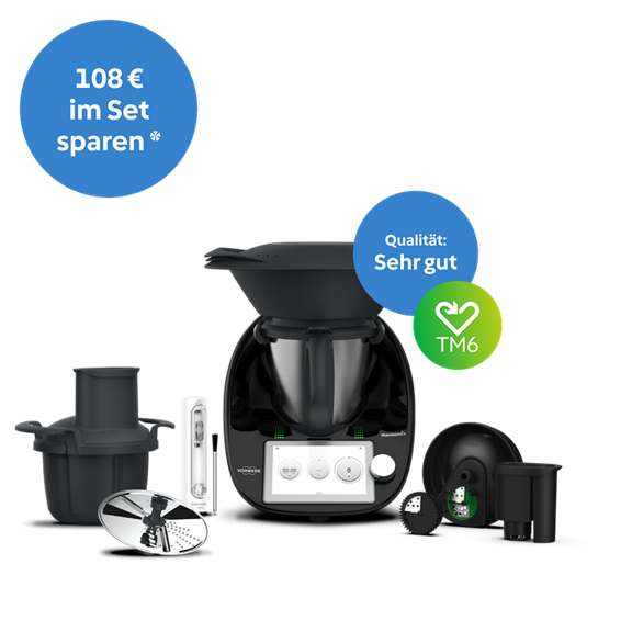Schwarzer Thermomix TM6 mit Varoma TM6 TM5 Gemüse Styler Sensor Messerabdeckung mit Peeler und Zubehörset Preis und Qualitätsbadges