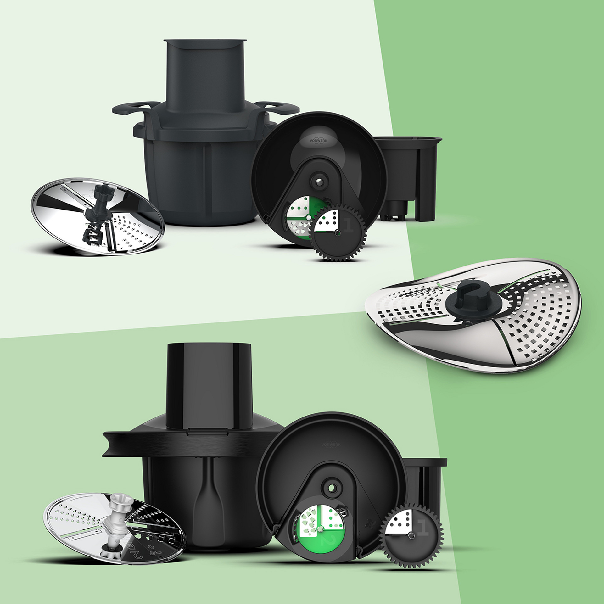 Thermomix® TM6/TM5 Gemüse Styler Plus und Messerabdeckung mit Peeler mit Zubehör auf grün-weißem Hintergrund.
