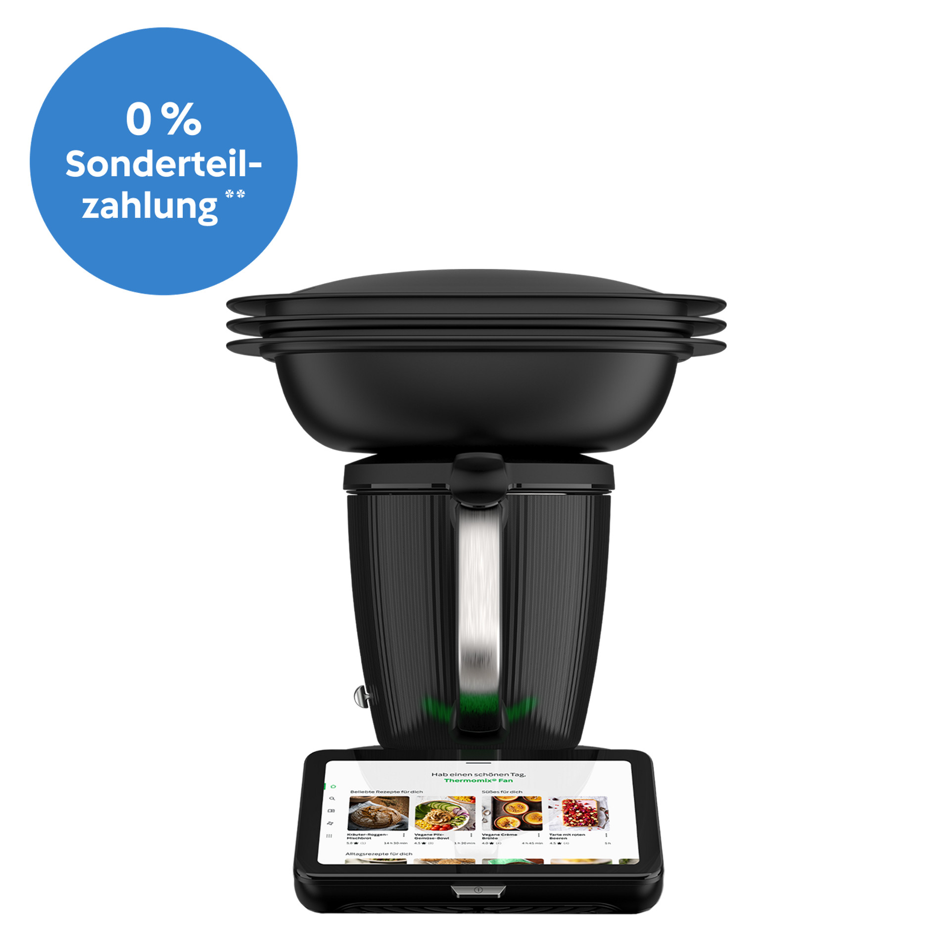 Thermomix® TM7 mit Varoma und Display, Frontansicht, blauer Kreis mit „0 % Sonderteilzahlung**“.
