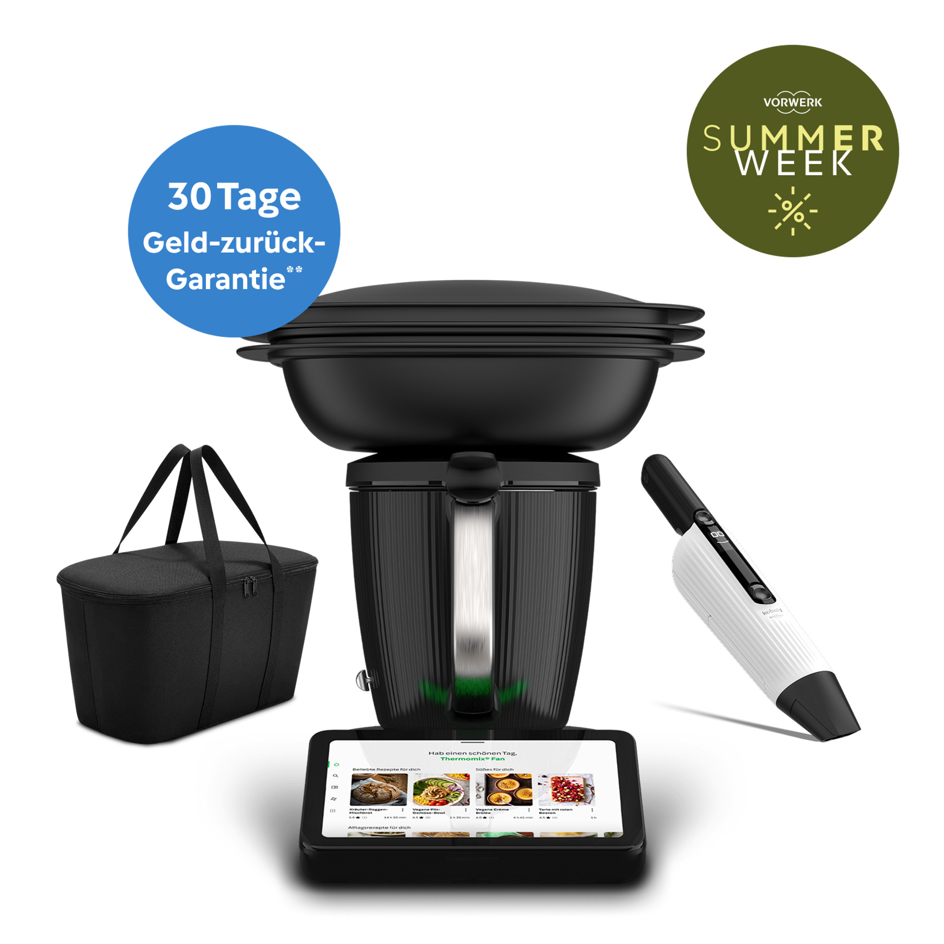 Thermomix® TM7 mit Varoma, Kobold VM7 und schwarzer Tragetasche. Mit 30-Tage-Geld-zurück-Garantie und Summer Week Badge.