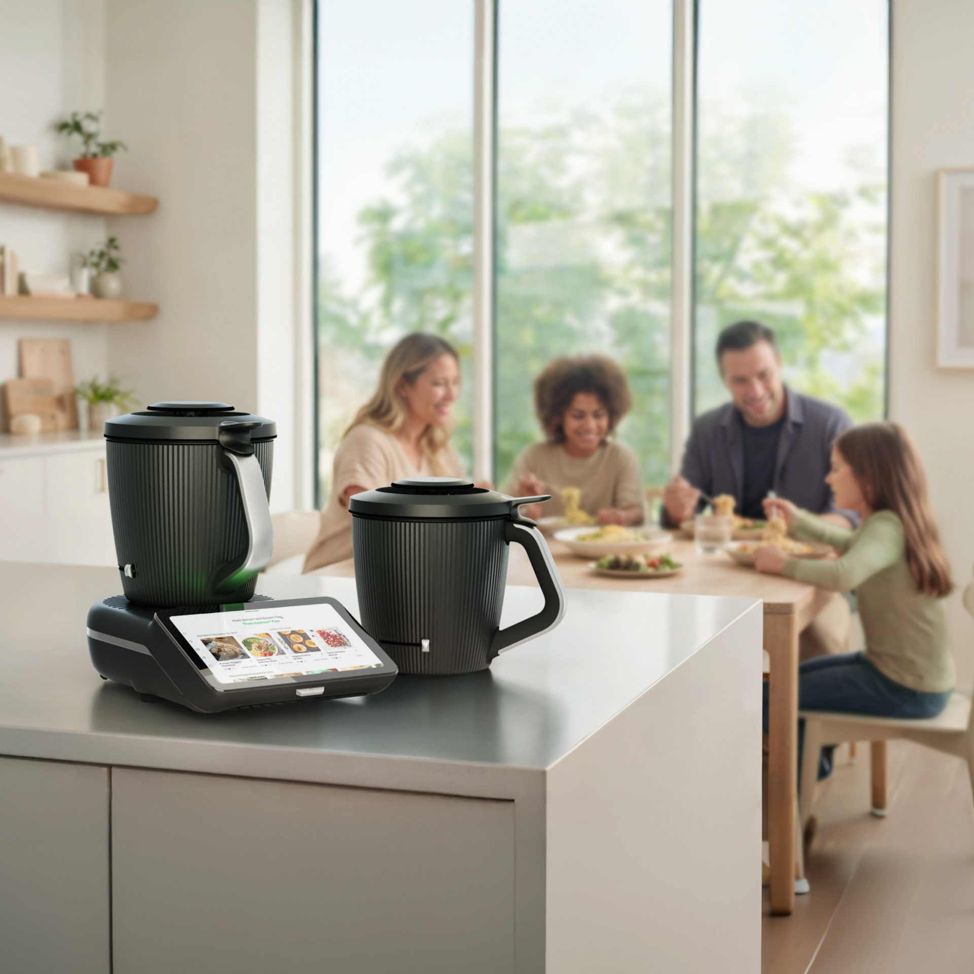 Thermomix® TM7 mit zwei Mixtöpfen auf einer Küchenarbeitsplatte, Familie am Esstisch im Hintergrund.