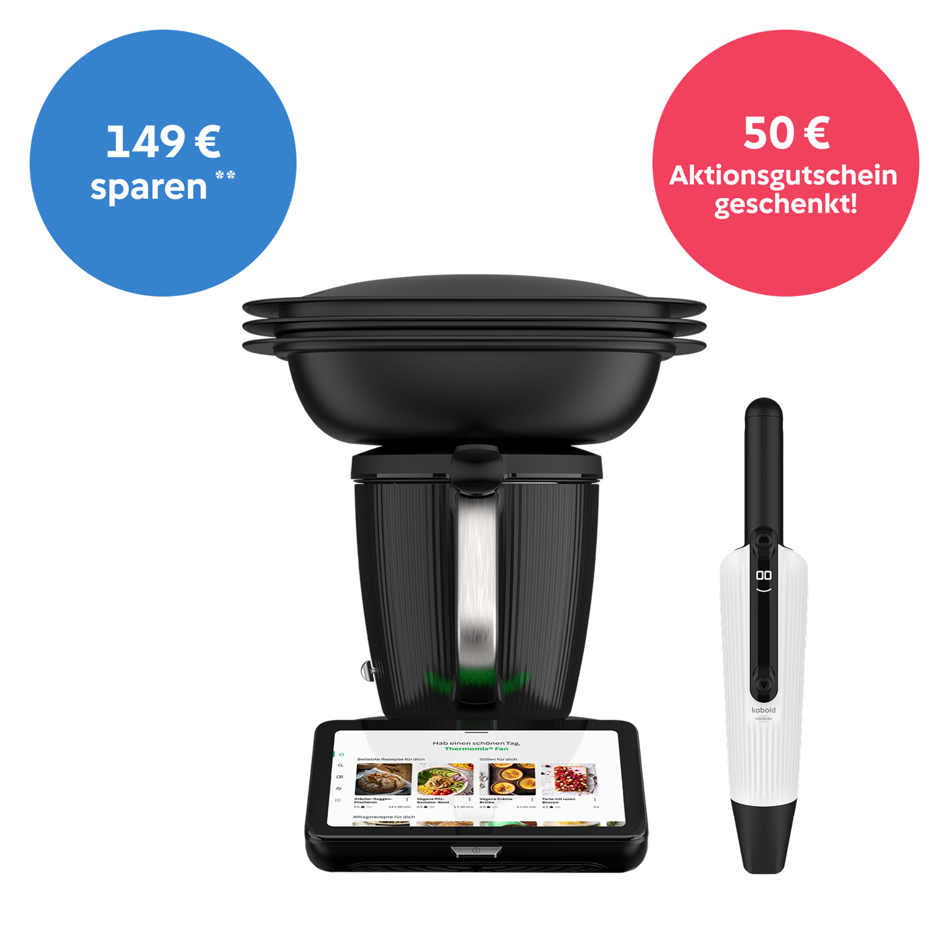Thermomix® TM7 mit Varoma und Kobold VM7, blauer Kreis „149 € sparen“, roter Kreis „50 € Aktionsgutschein geschenkt!“
