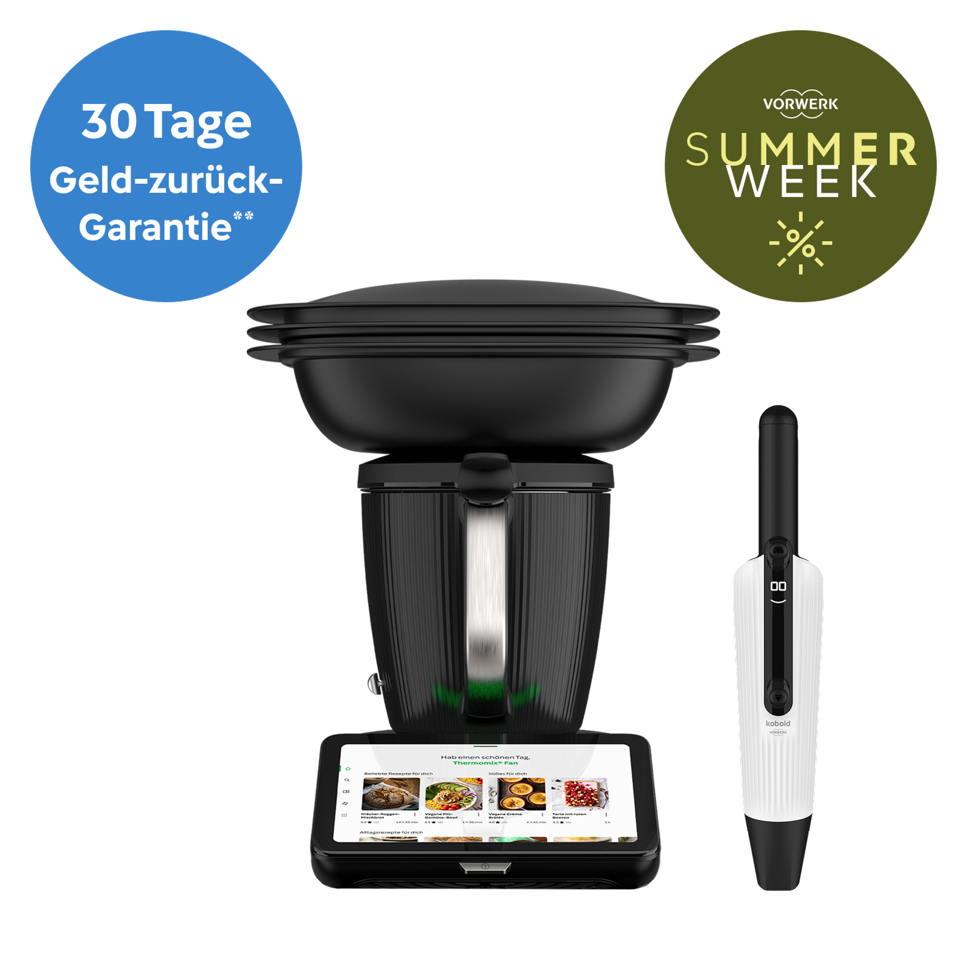 Thermomix® TM7 mit Varoma und Kobold VM7, Summer Week und 30-Tage-Geld-zurück-Garantie-Badges.