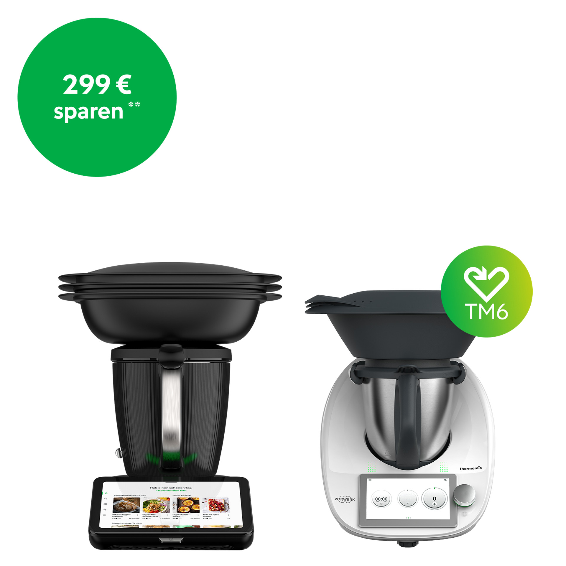 Thermomix® TM7 und Thermomix® TM6 mit Varoma nebeneinander. Grüne Badges zeigen Ersparnis und TM6-Kompatibilität.